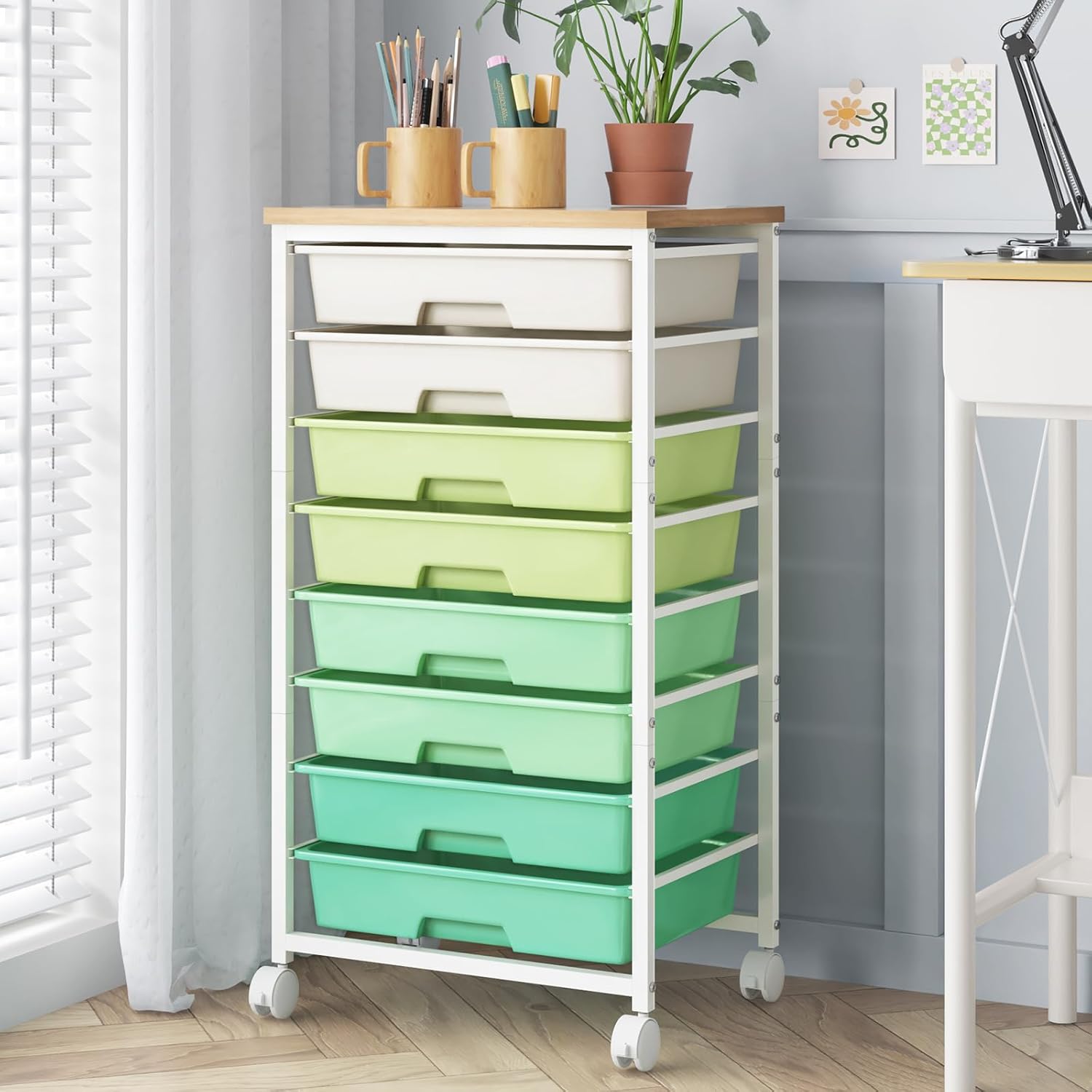 LABUK Rolling Storage Cart with Drawers Utility Cart Plastic Organizers for Classroom Dorm Office Bathroom, Makeup Palettes, Cosmetics, Nail Polish Organizer(Green)