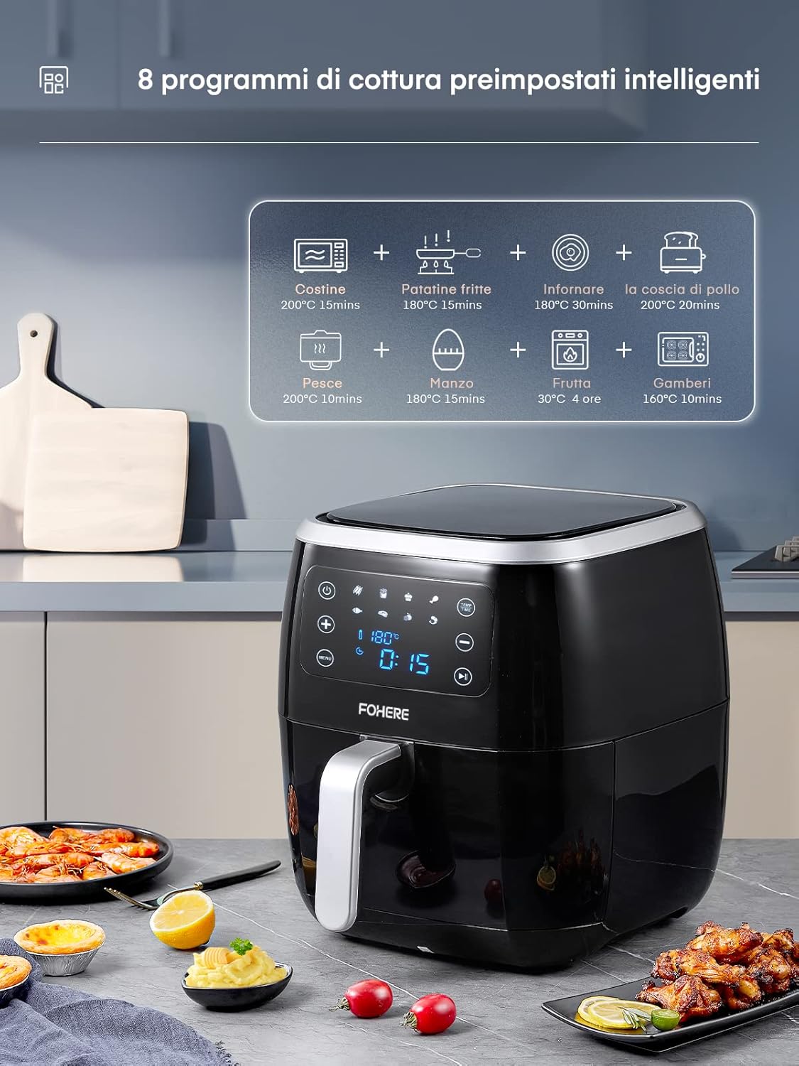 FOHERE Friggitrice ad Aria Calda, Friggitrice Senza Olio 6 Litri, 1800w, Airy Fryer con Display LED Toccabile, 8 Programmi Automatici, Tempo Temperatura Regolabili, Nessun Rumore, Nero