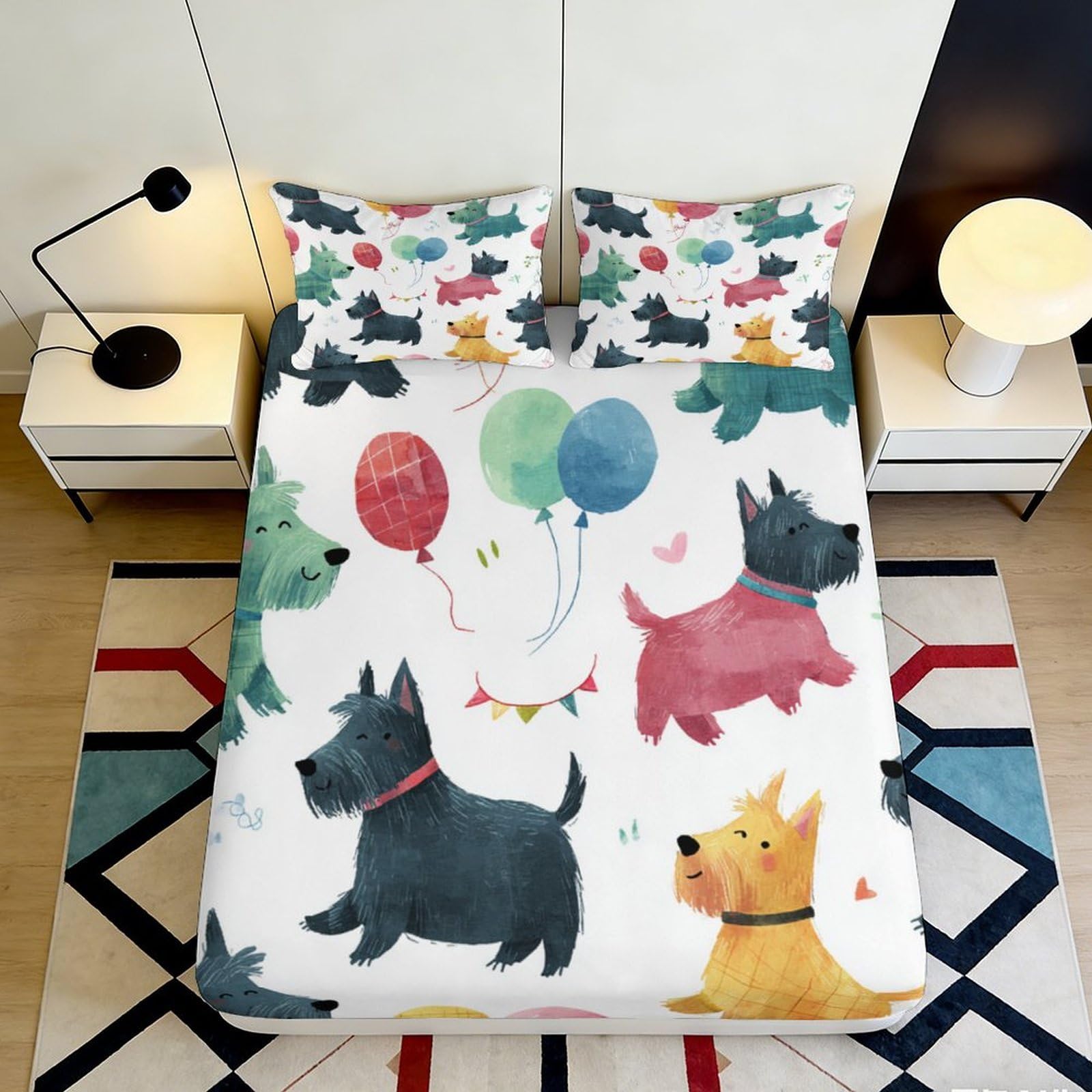 3D Printed Cartoon Dog Fitted Sheet Microfiber Soft Colorful Balloon Bed Cover for Bedroom Guest Room Easy Care Decor 90x200x25cm