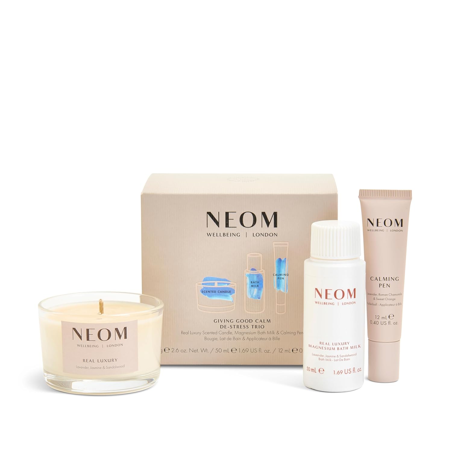NEOM- Giving Good Calm De-Stress Trio Gift Set | Real Luxury Scented Candle, Magnesium Bath Milk & Calming Pen
