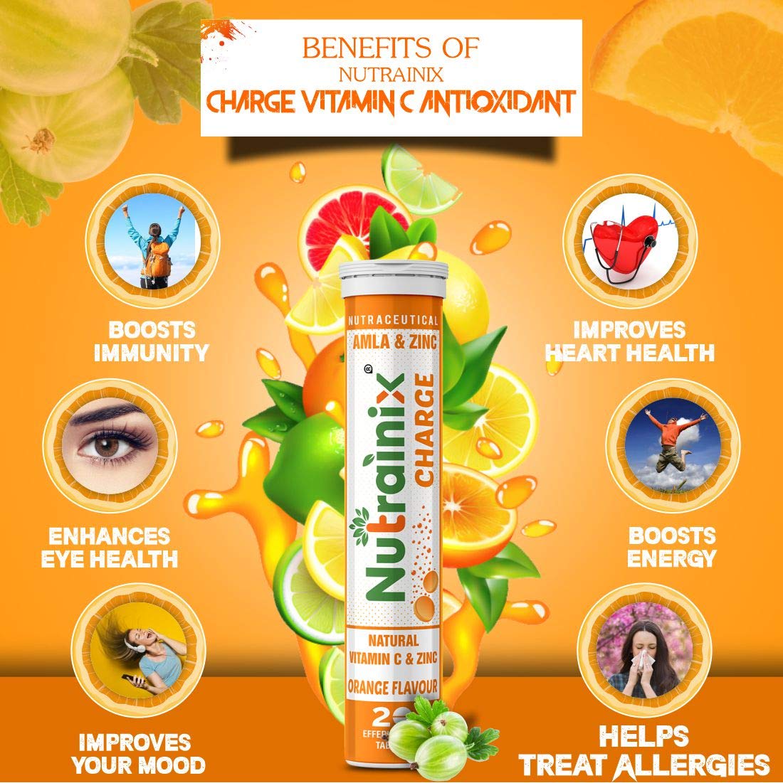 Nutrainix Charge Vitamin C Antioxidant 1000 Mg Natural Amla Builds Immunity Effervescent Tablets Orange Flavour Amazon In Health Personal Care