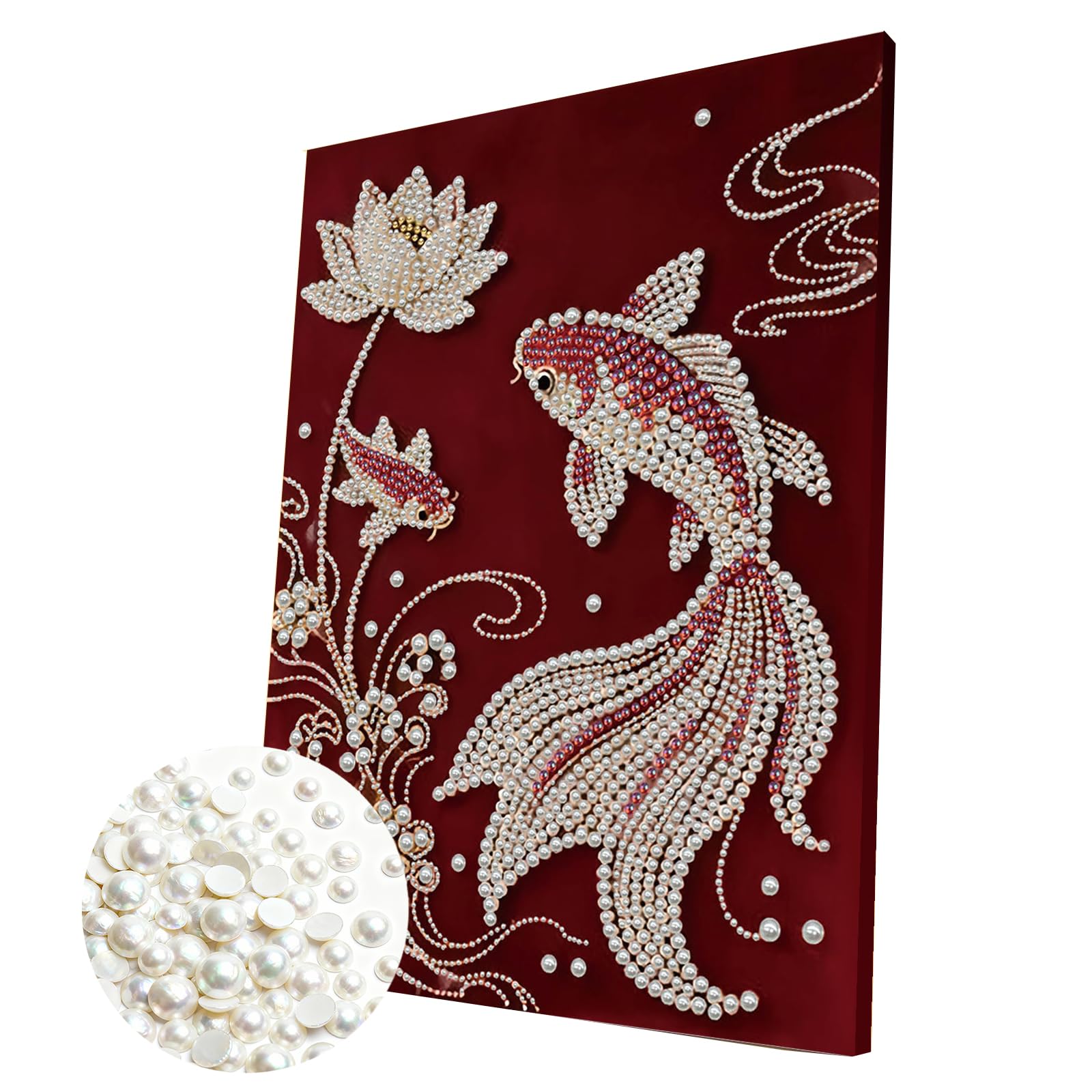 DIY Pearl Painting Kit with Wooden Frame, 3D Plastic Pearl Gemstone Ocean Art Craft for Adults Beginners, Diamond Art Kits for Adults, Home Wall Decor Ready Gift for Women(Lotus Fish)(30 * 40cm)