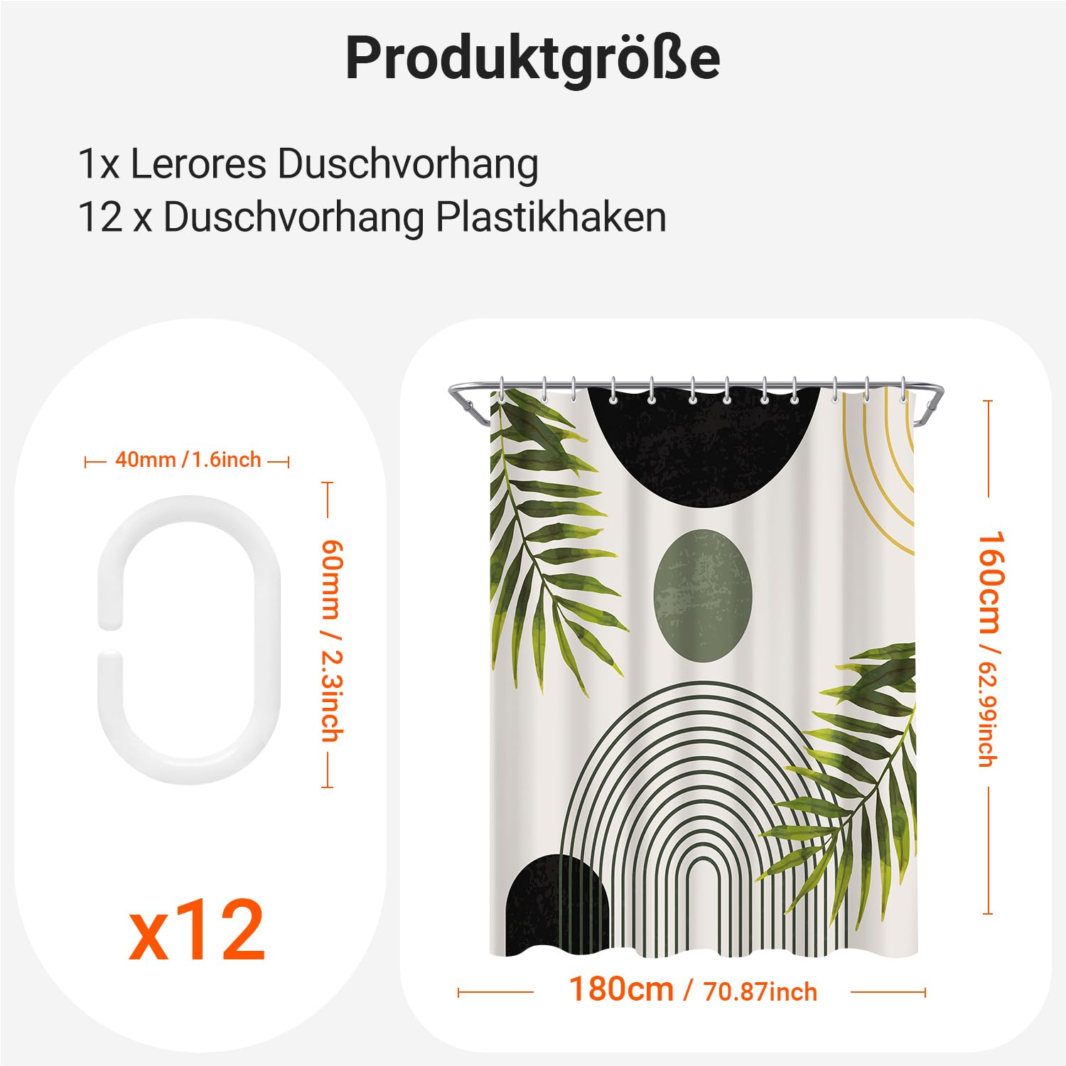 Shower Curtain, 180 x 160 cm, Black Leaves Line, Weighted Hem, Anti-Mould Textile, Water-Repellent - Image 2