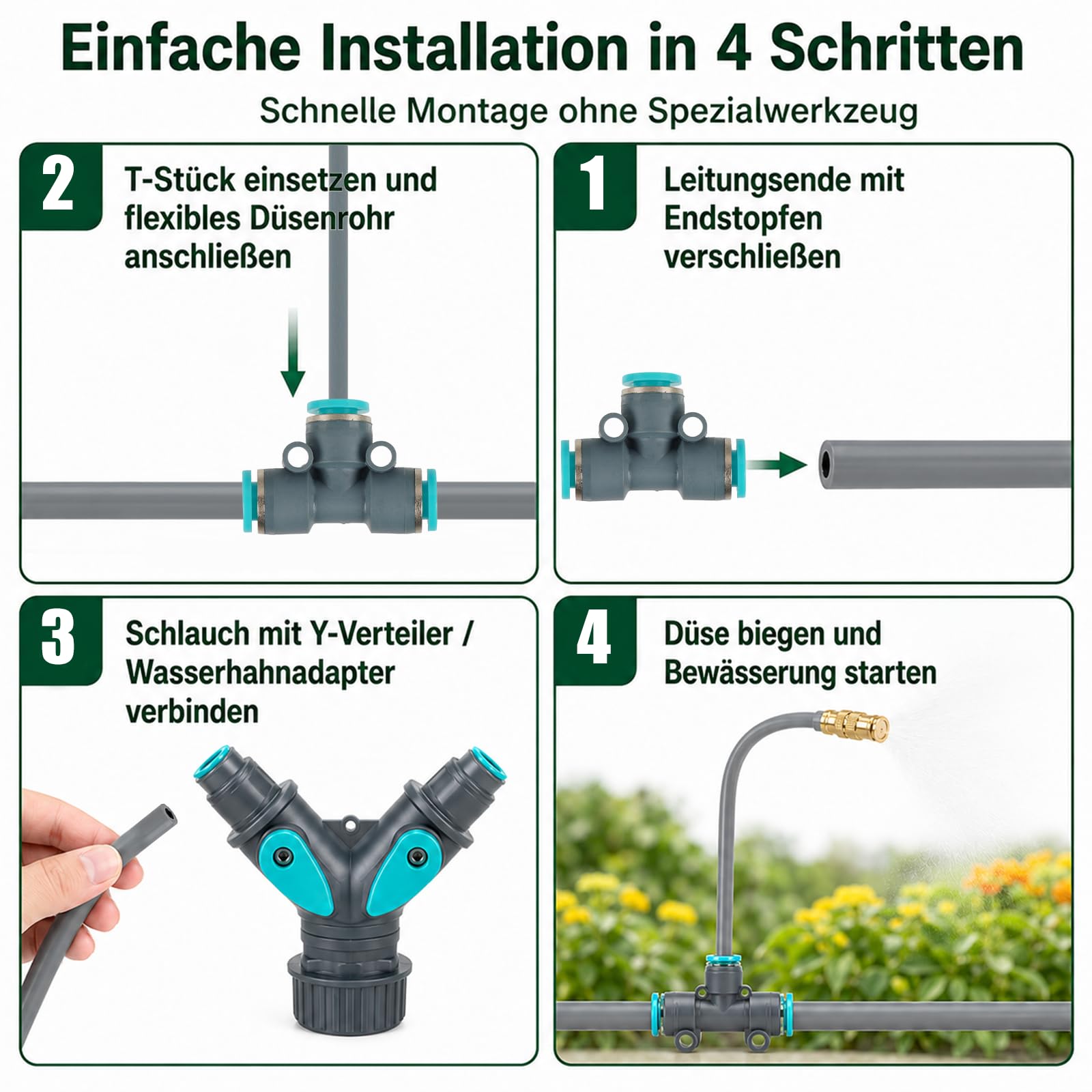 60 m Bewässerungssystem Garten, 32 verstellbare 360° Kupferdüsen, Tropfbewässerungsset mit Schnellanschluss, Sprüh- & Tropffunktion, für Balkon, Gewächshaus, Hochbeet & Rasen