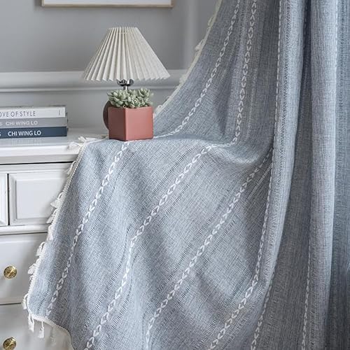 Cortinas de lino azul 2 paneles para dormitorio, cortinas bohemias filtrantes de luz de 84 pulgadas de largo, cortinas bordadas modernas de granja,