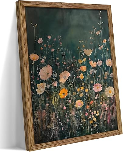 Arte de pared vintage con marco de madera, flores silvestres de color verde oscuro, pintura botánica para decoración de pared, paisaje floral