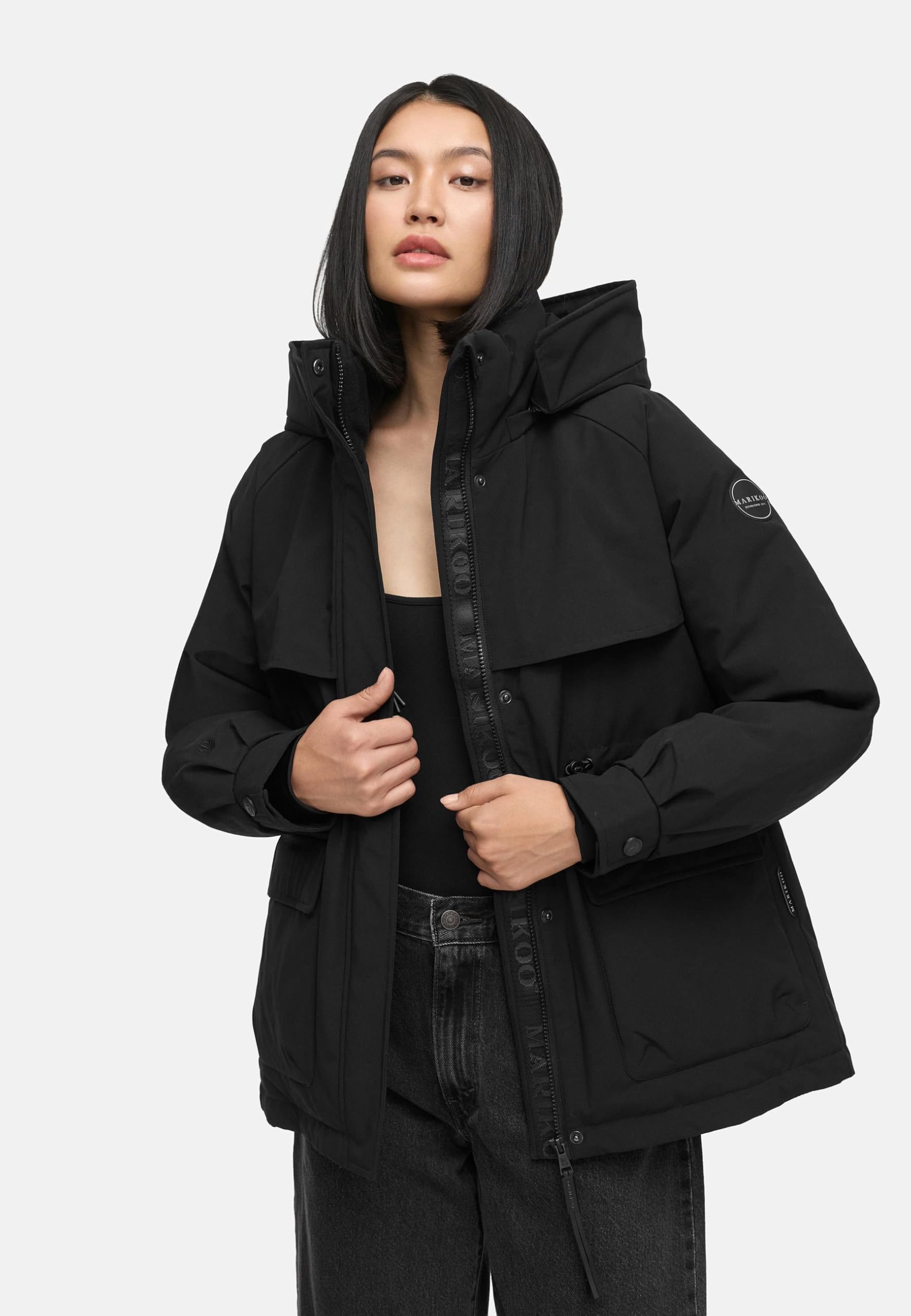 MARIKOO Cappotto lungo da donna caldo invernale con cappuccio rimovibile, bottoni magnetici e cordino in vita Shigaraa XVI S-3XL