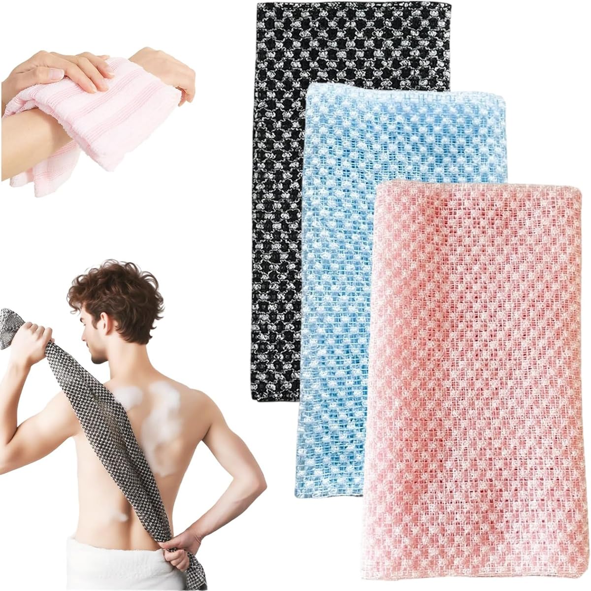FYDHI 3PCS Exfoliating Shower Towel for Men and Women, Premium Hexagon-Woven Scrub Bath Cloth for Body & Face, Back Body Scrubber for Shower (Pink, Blue, Black)