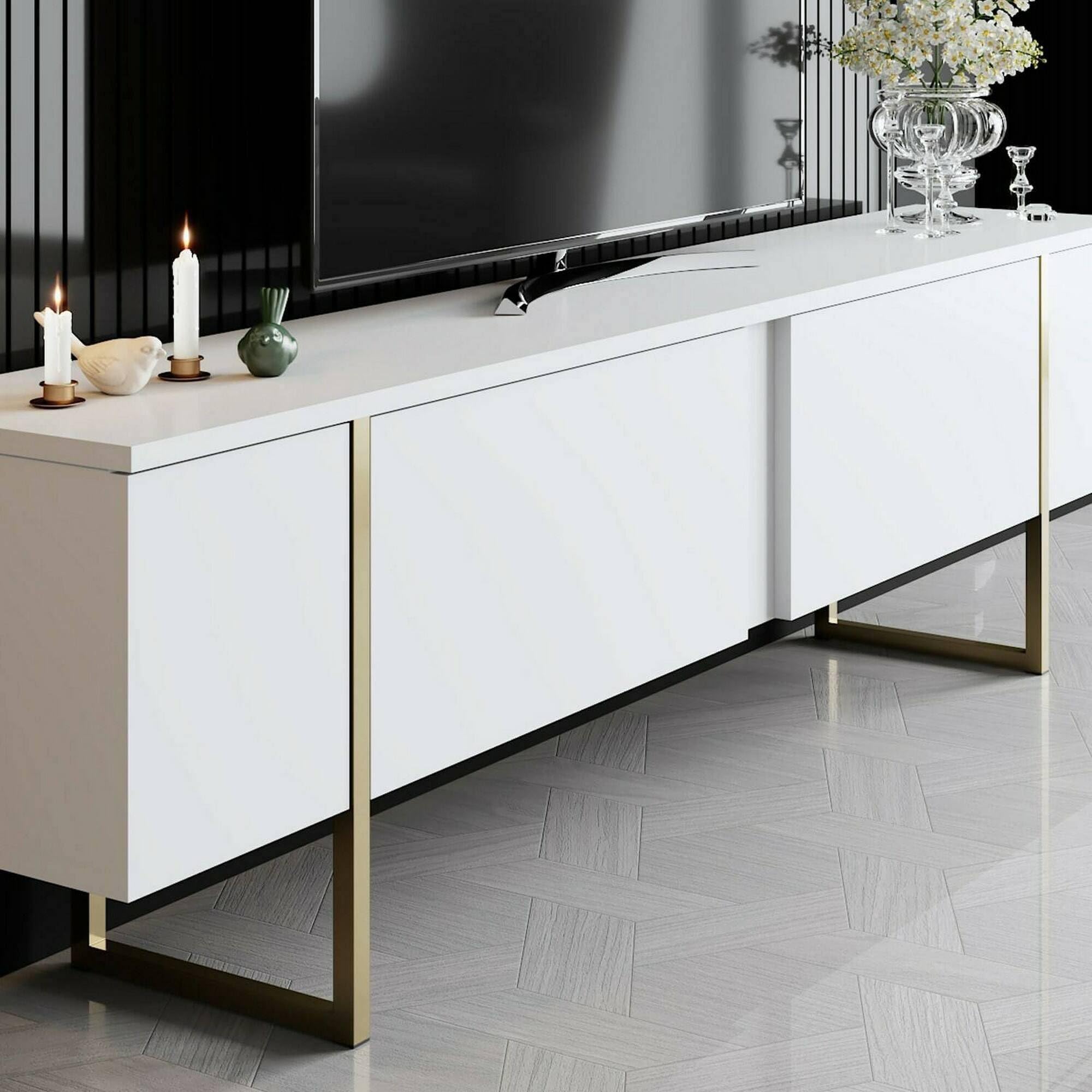 Dmora - Meuble TV Centaurus, Buffet de Salon, Armoire Basse pour TV, Base Murale de Rangement, 180x30h50 cm, Blanc et Or