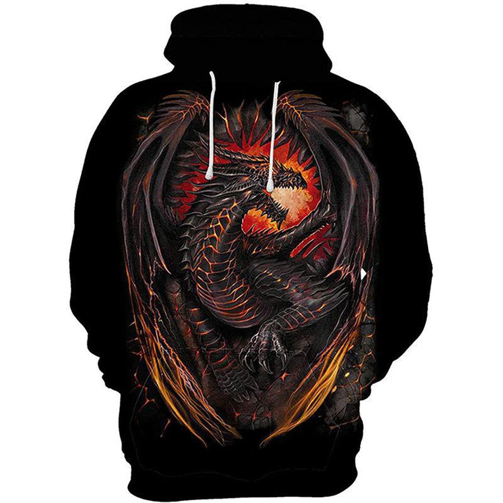 Keepmore Men's Black Hooded Sweatshirts Dragon Printed Hoodie Unisex Long Sleeve Pullover With Pocket