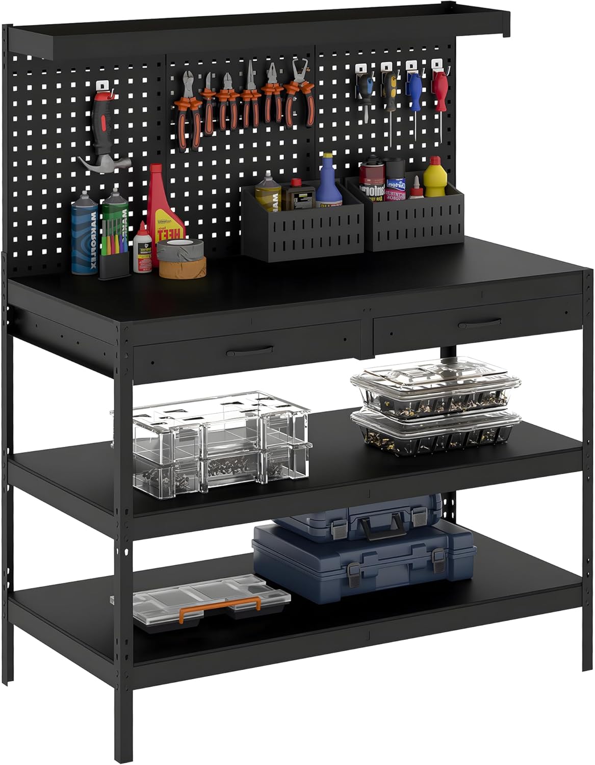 HOMCOM Workbench, Maximum Load 272 kg, 122 x 61 x 156 cm, Worktop with Perforated Board, 2 Drawers and 2 Adjustable Shelves, Steel Frame, for Garage, Workshop or Warehouse, Black