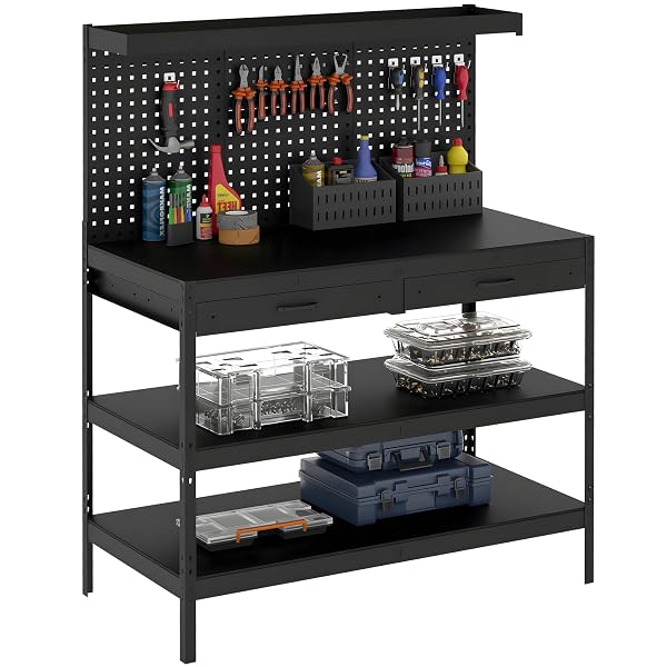HOMCOM Werkbank 122x61x156 Arbeitstisch Lochwand 2 Schubladen