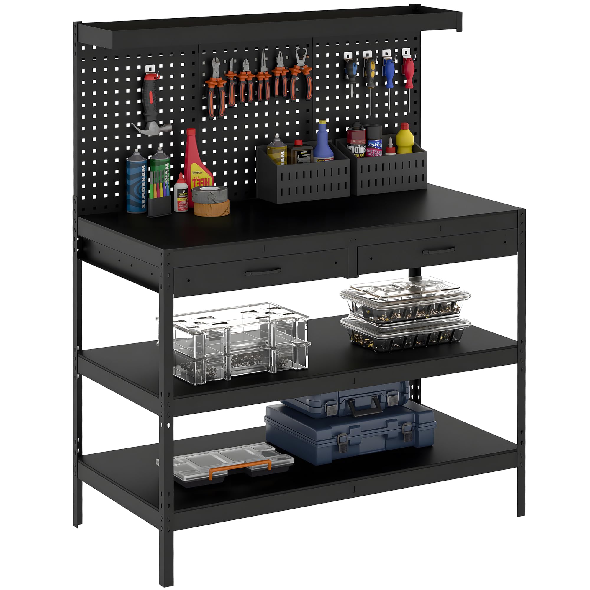 HOMCOM Banco de trabajo 1220 x 610 x 1560 mm con pared perforada, 2 cajones y 2 estantes ajustables, 272 kg capacidad