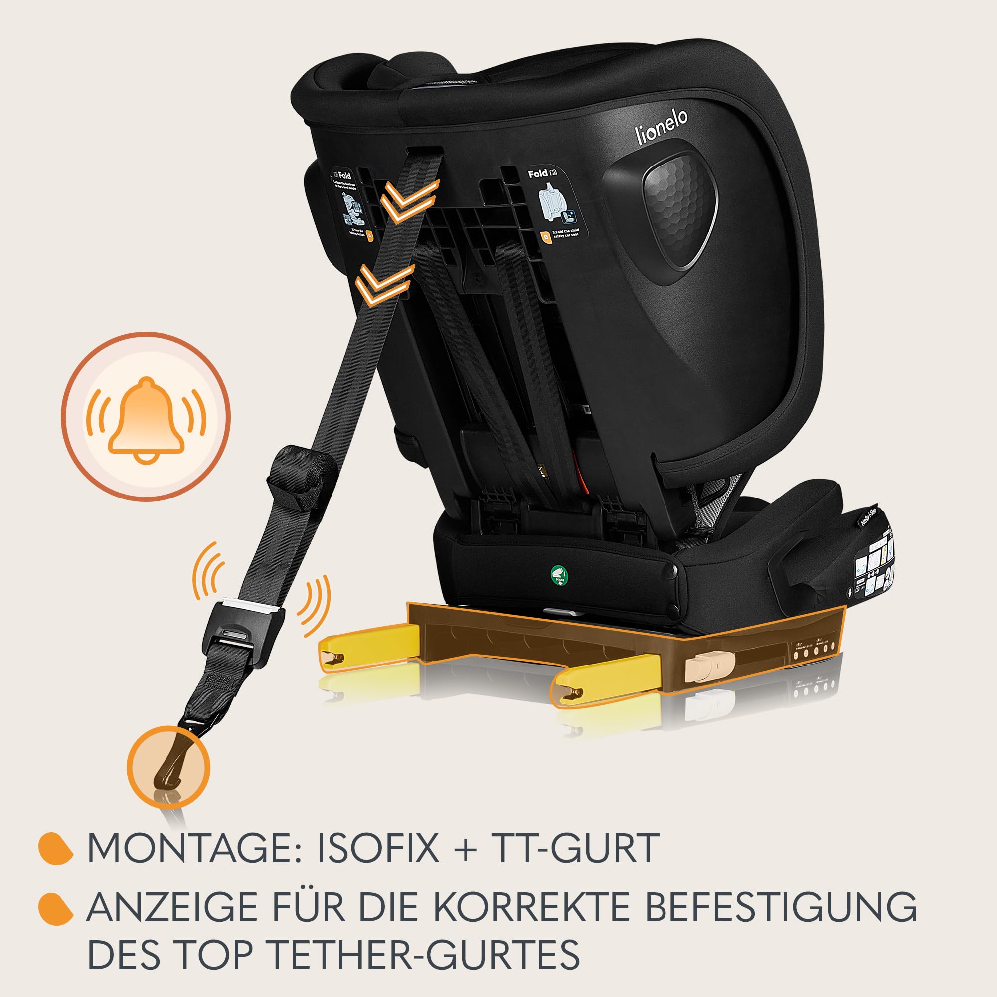 LIONELO NELLY I-SIZE Faltbarer Kindersitz 76-150 cm (ca. 15 Monate - 12 Jahre) Gruppe 1 2 3 Einbau mit ISOFIX und TT-Gurt hinten, Seitenschutz, Kopfstützen- und Rückenlehnenverstellung