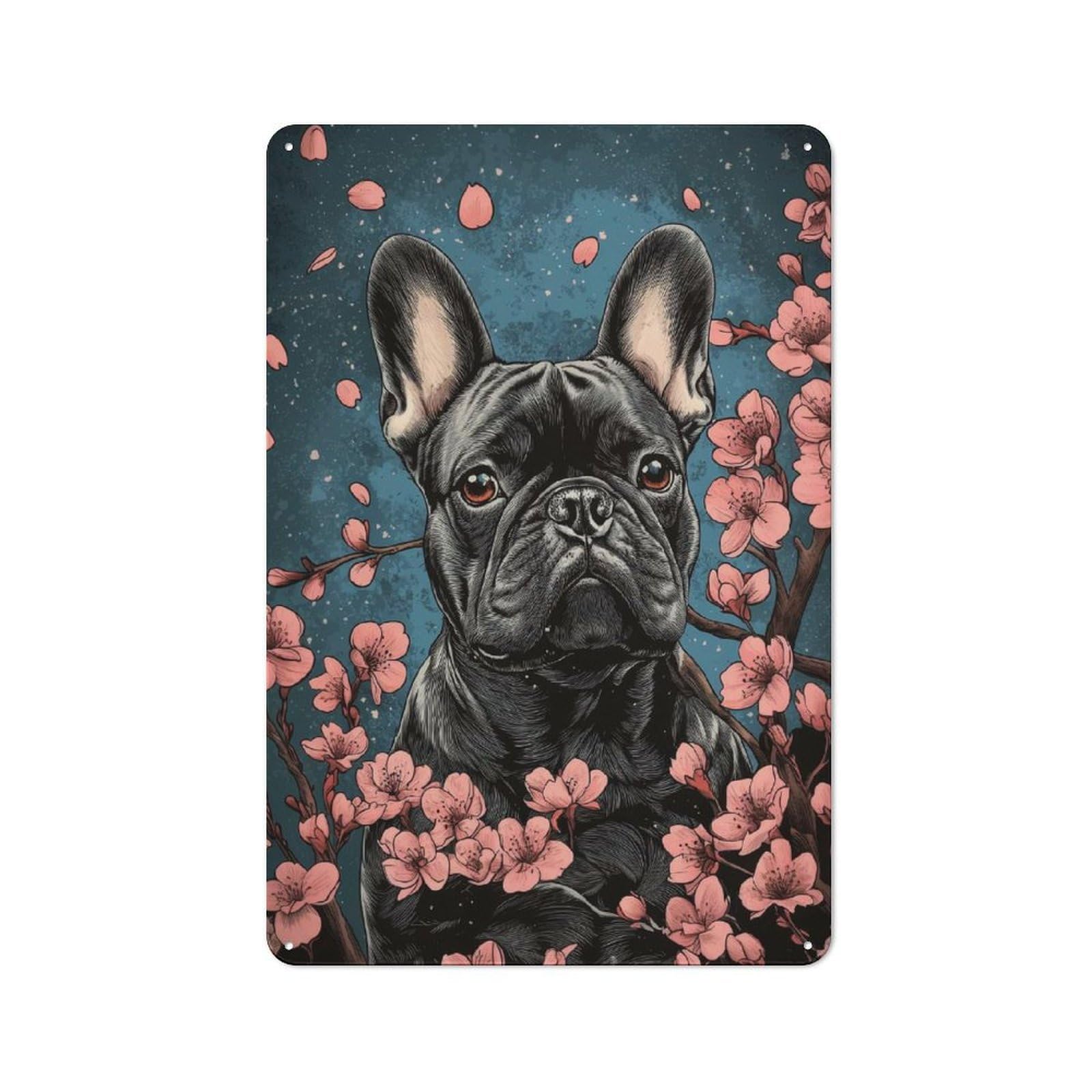 Junmoney French Bulldog With Cherry Blossoms Art Cute Bulldog Gift Country Metal Wall Decor 30X20cm, Country Metal Sign For Kitchen, Cottage, Porch Or Garden Room