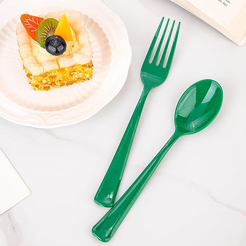 Vista 4 de WDF 160 cubiertos de plástico verde, cubiertos de Navidad resistentes que incluyen 80 tenedores, 40 cucharas, 40 cuchillos, utensilios de plástico