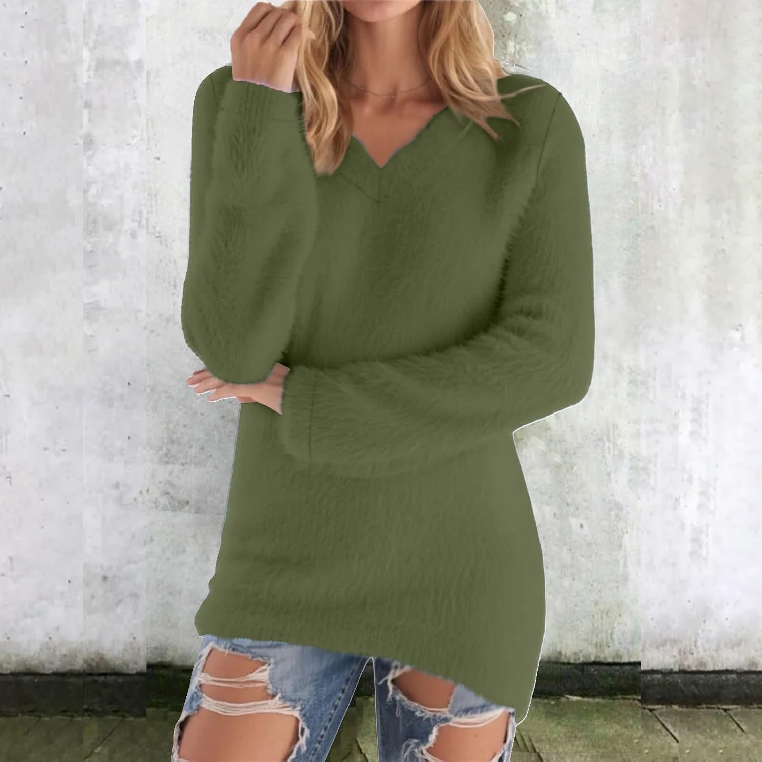 Womens Fuzzy Sweaters Plus Size Long Sleeve V Neck Loose Fall Fashion Casual Tops Pullover Lightweight Solid Shirts