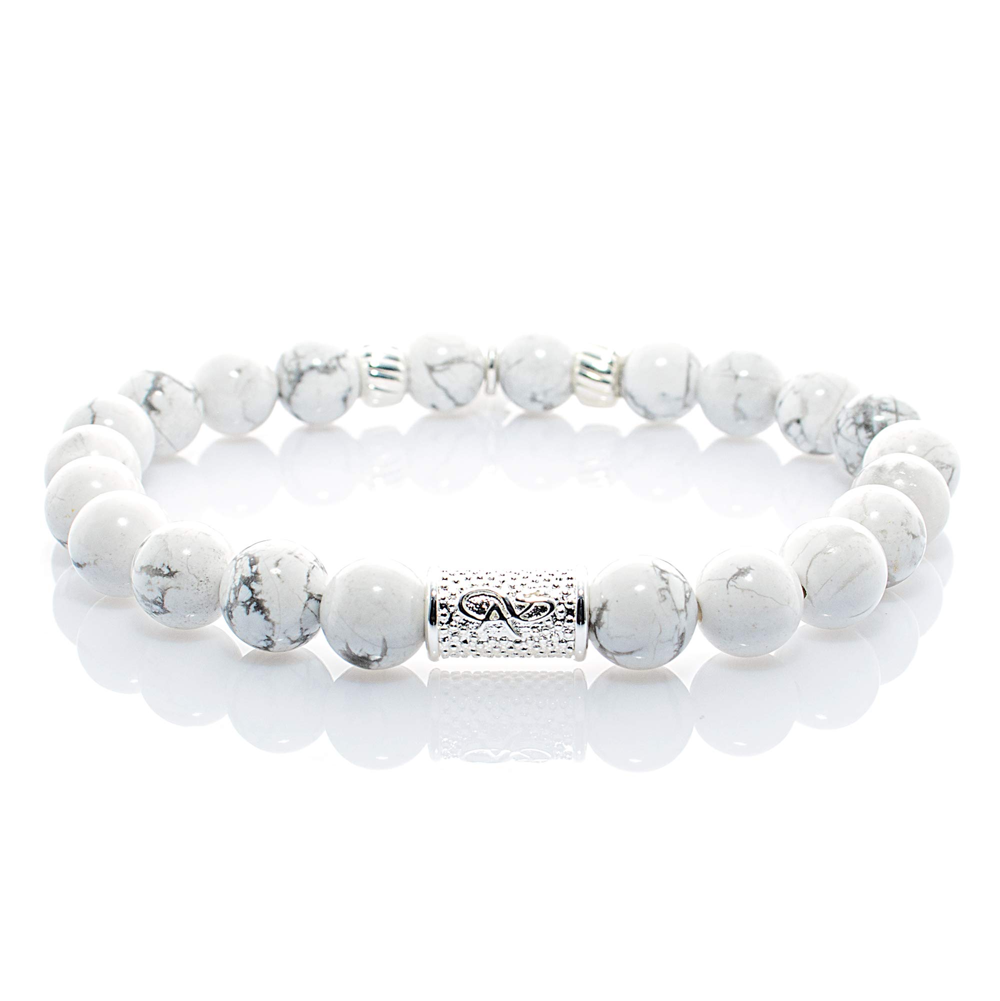Bracciale Howlite in argento sterling 925 Bracciale con perline Ciondolo Piuma Croce 8 mm (Piuma e croce)