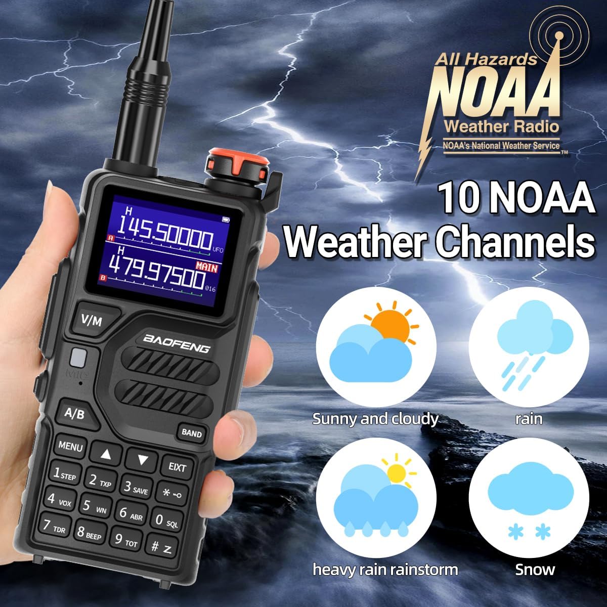 Ràdio BAOFENG K5 Plus que mostra els canals meteorològics de la NOAA, amb icones per a condicions meteorològiques assolellades, ennuvolades, pluja, pluja intensa i neu.