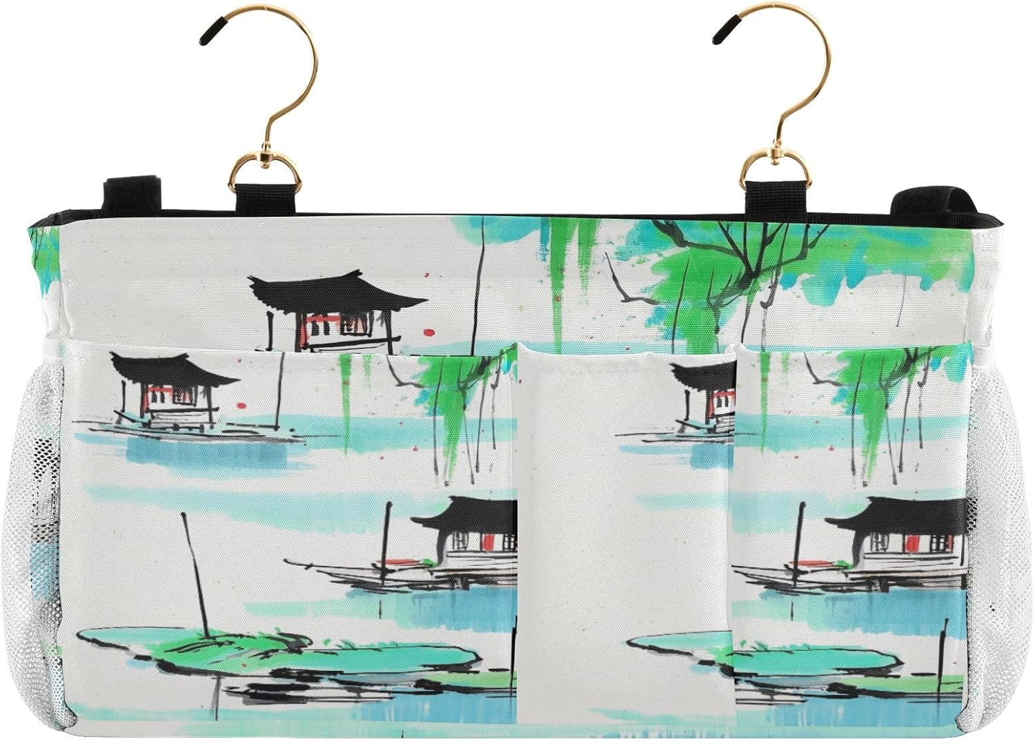 Chinese Landscape Painting Bedside Storage Caddy Hanging Storage Bags for Headboards Bunk Hospital Crib Bed Rails College Dorm Room Essentials Holders Books Glasses Phones Magazine