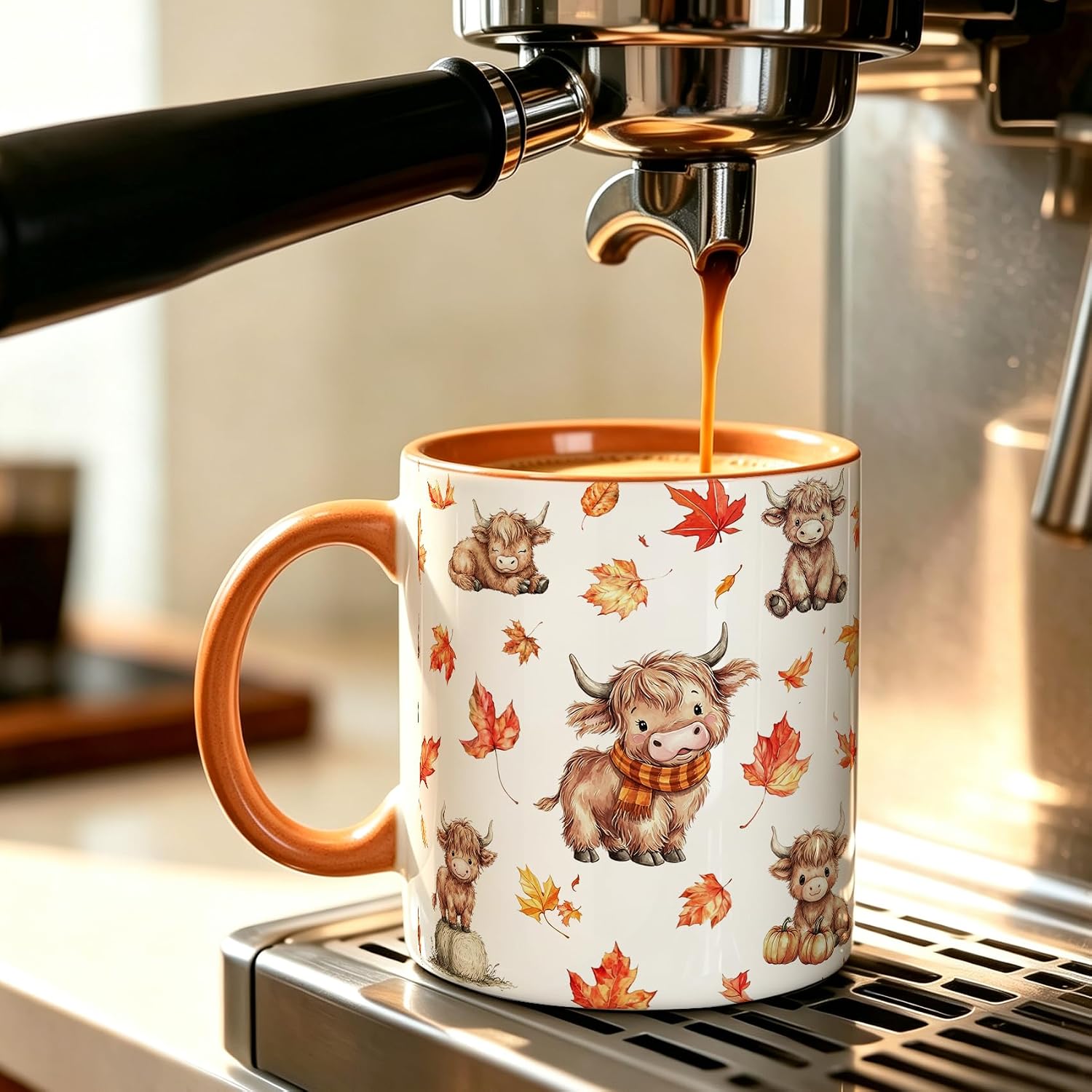 Fall Highland Cow Mug Gift, Autumn Maple Leaf for Women Cow Lovers