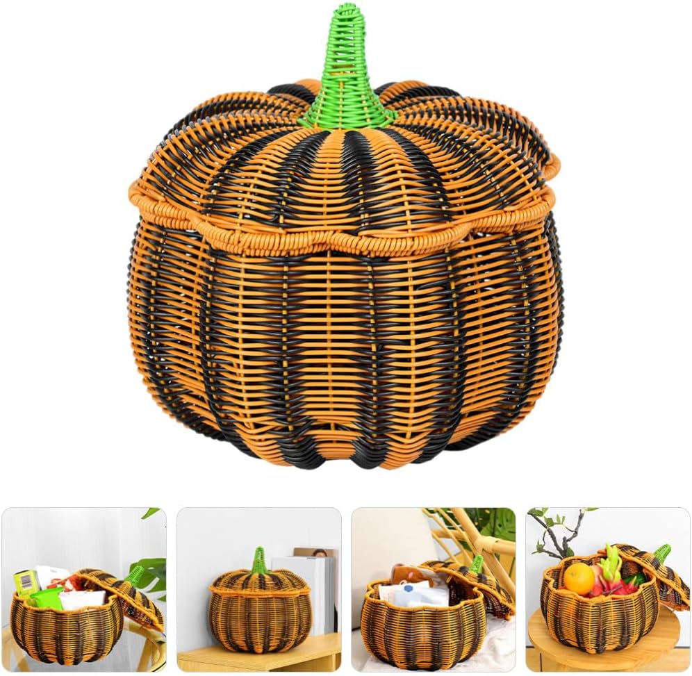 Pumpkin Shaped Wicker Storage Basket with Lid, Hand-Woven Rattan Organizer Bin for Snacks, Candy, Fruit, and Home Halloween Decoration