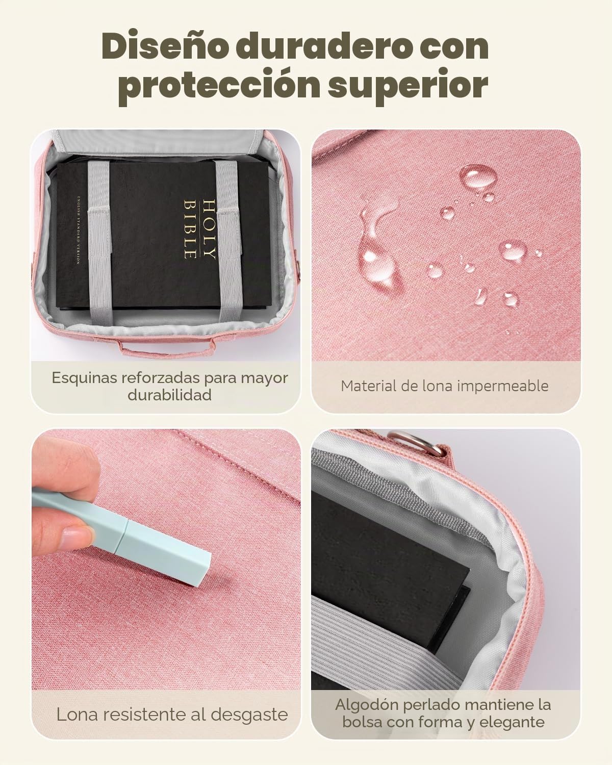 WEMATE Funda para Biblia de gran capacidad, bolsa impermeable para suministros de estudio con asa de doble capa y correa para el hombro, bolsa para mujeres, niñas, adolescentes y cristianos (rosa)