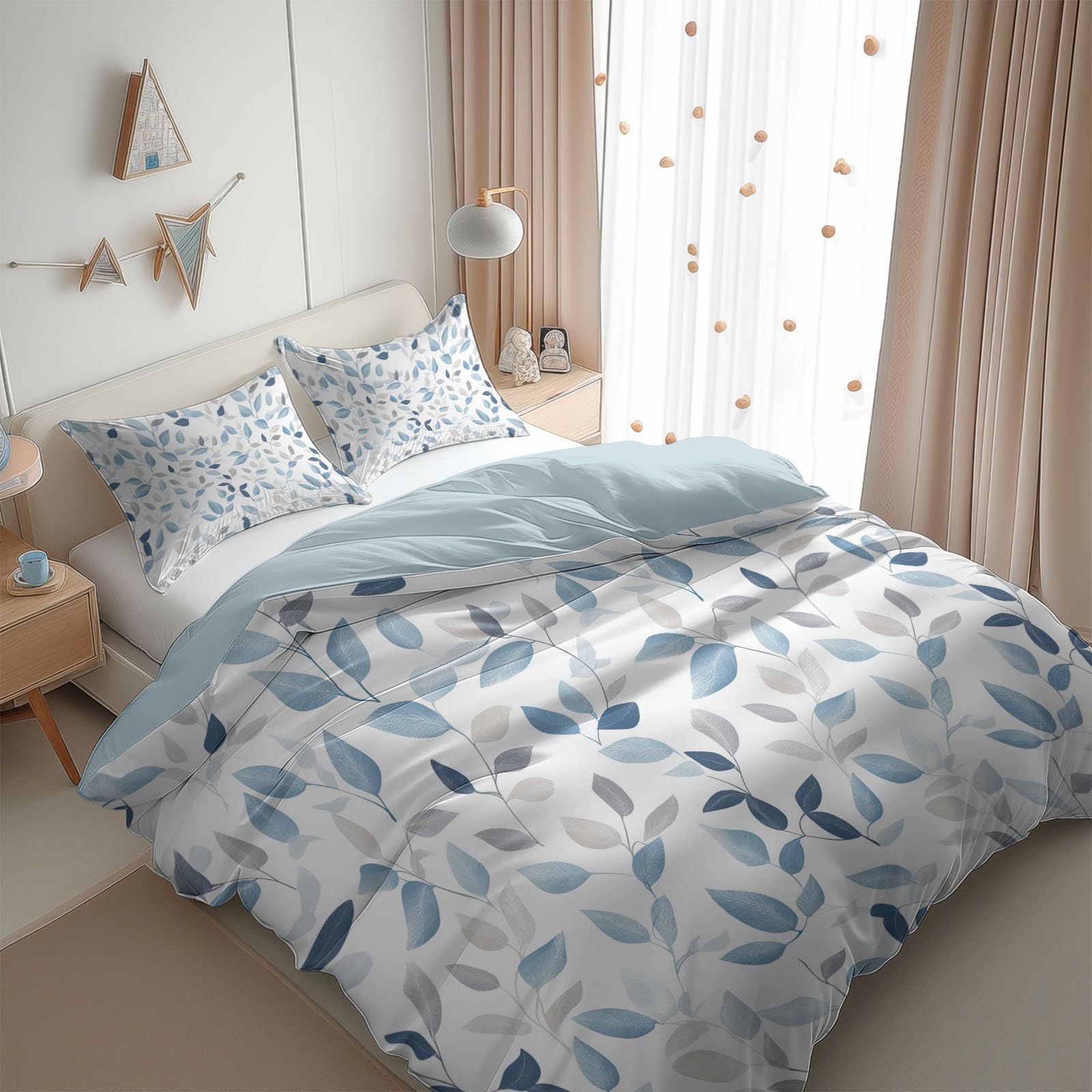 Parure de lit pour Enfant 240x260 cm Feuilles Bleues Housse de Couette Polycoton Ensemble de Literie Linge de Lit avec Taies d'oreiller, pour Décoration Chambre à Coucher