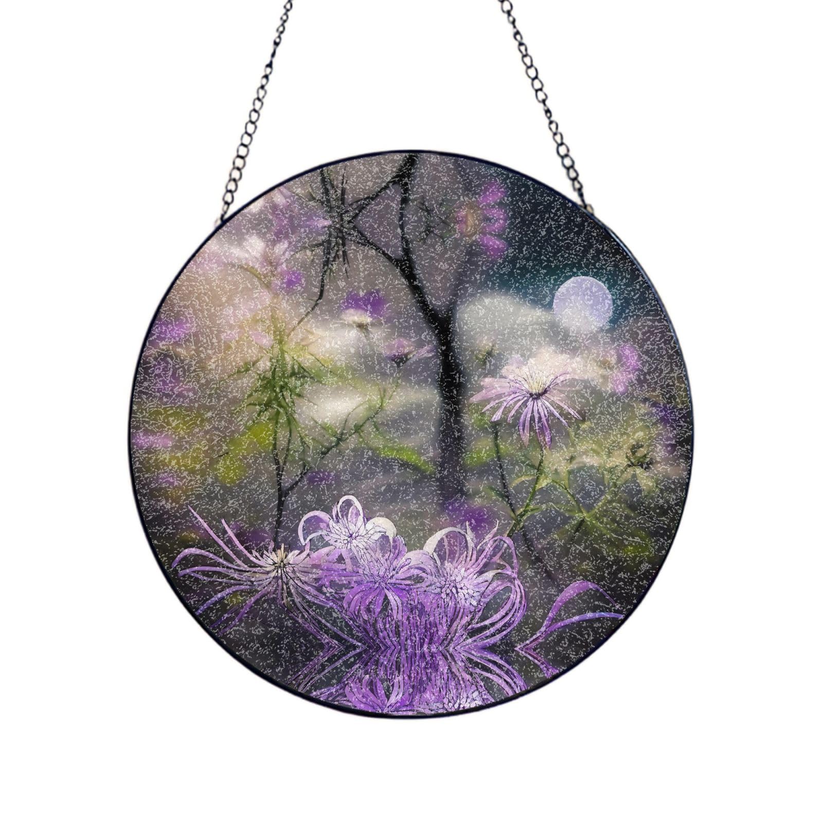 Poezjzw Stained Glass Window Hanging - Purple Flowers In Bloom Sun Catcher For Door Garden Home Decor Christmas Mother'S Day Birthday Gifts 4in（10cm）