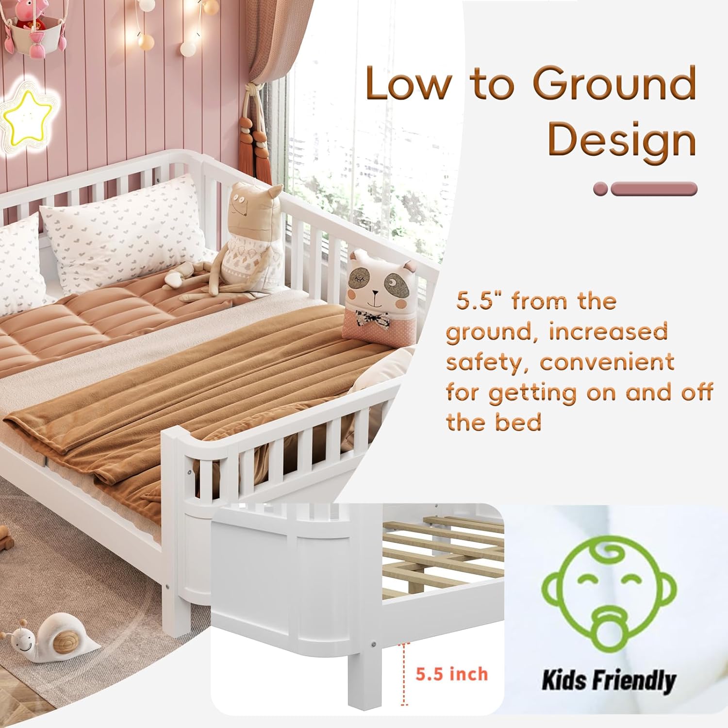 Twin Size Kids Bed Frame with Rails for Girls Boys, Low Profile Platform Bed with Headboard and Footboard, Kids Sleep Transition Bed Frame, Detachable Fence, Noise Free, White