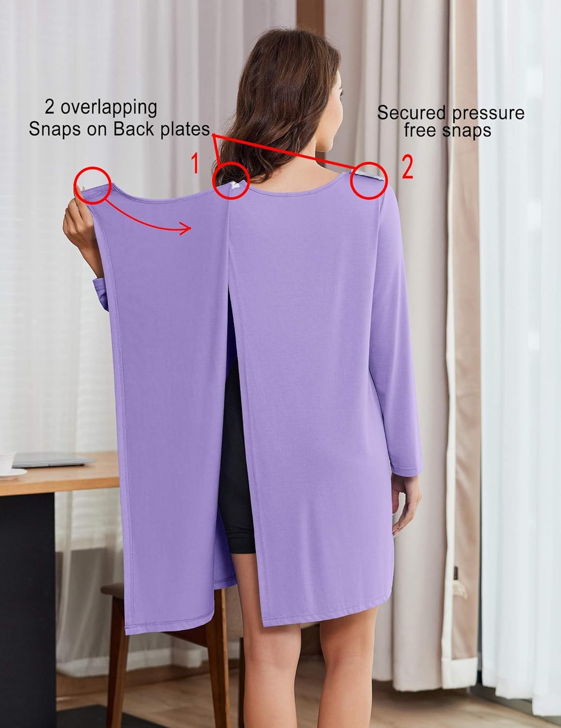 Deyeek Hospital Gowns for Women Open Back Tear Away Post Surgery Dress Long Sleeve with Shoulder Snaps Adaptive Nightgowns - Image 6