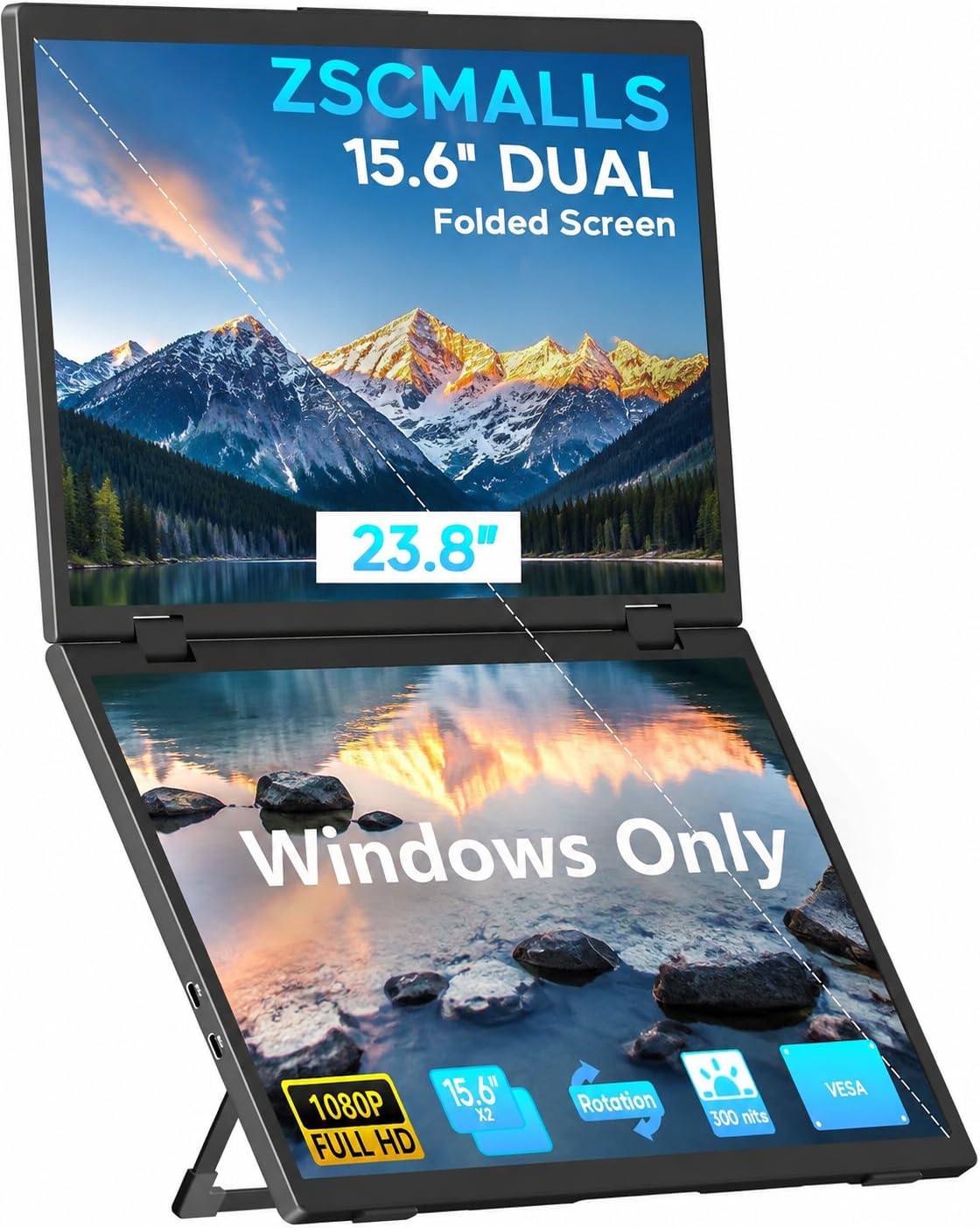 ZSCMALLS (Windows Only Triple Laptop Screen Extender, 15.6" 1080P FHD IPS Folding Stacked Portable Monitor, USB C Travel Extended Computer Display w/VESA, 180°Rotation, Plug & Play for PCs