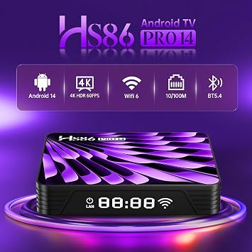 HS86 PRO14 TV Box Android 14.0, 2026 Android Box RK3518 2GB 16GB Support 4K 8K Dual-Band WiFi 6 2.4G/5.8G HDR10+ 100M Ethernet Bluetooth 5.0 USB 3.0 Smart TV Box Android with Voice Remote Control
