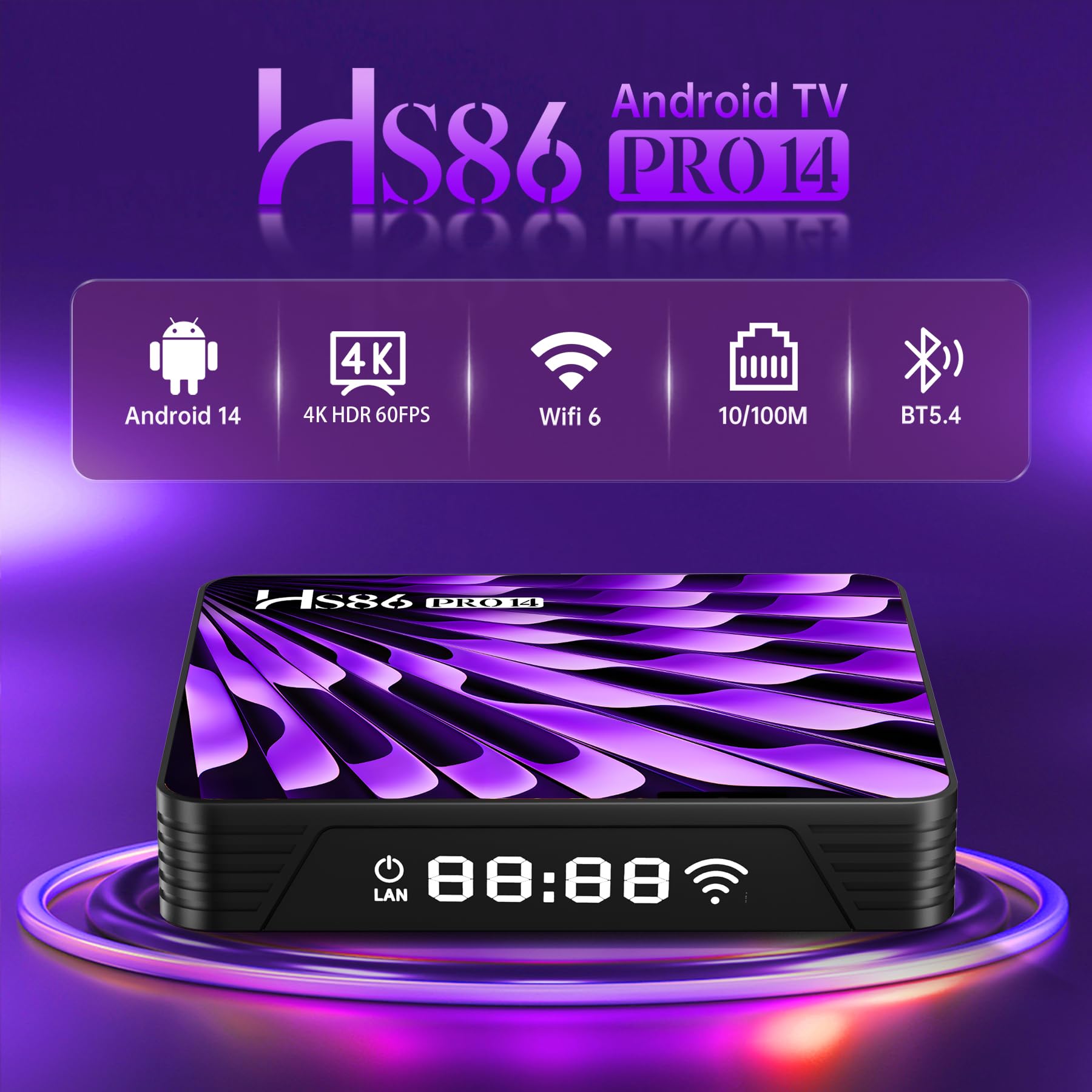 Smart TV Box Android 14.0, 2026 HD 8K Android Box RK3518 RAM 2G ROM 16G Supporto WiFi6 Enternet 10/100M BT 5.0 USB 3.0 Internet TV Box HD 8KHDR10+ Smart Client Media Streaming Voice Remote HS86 PRO14