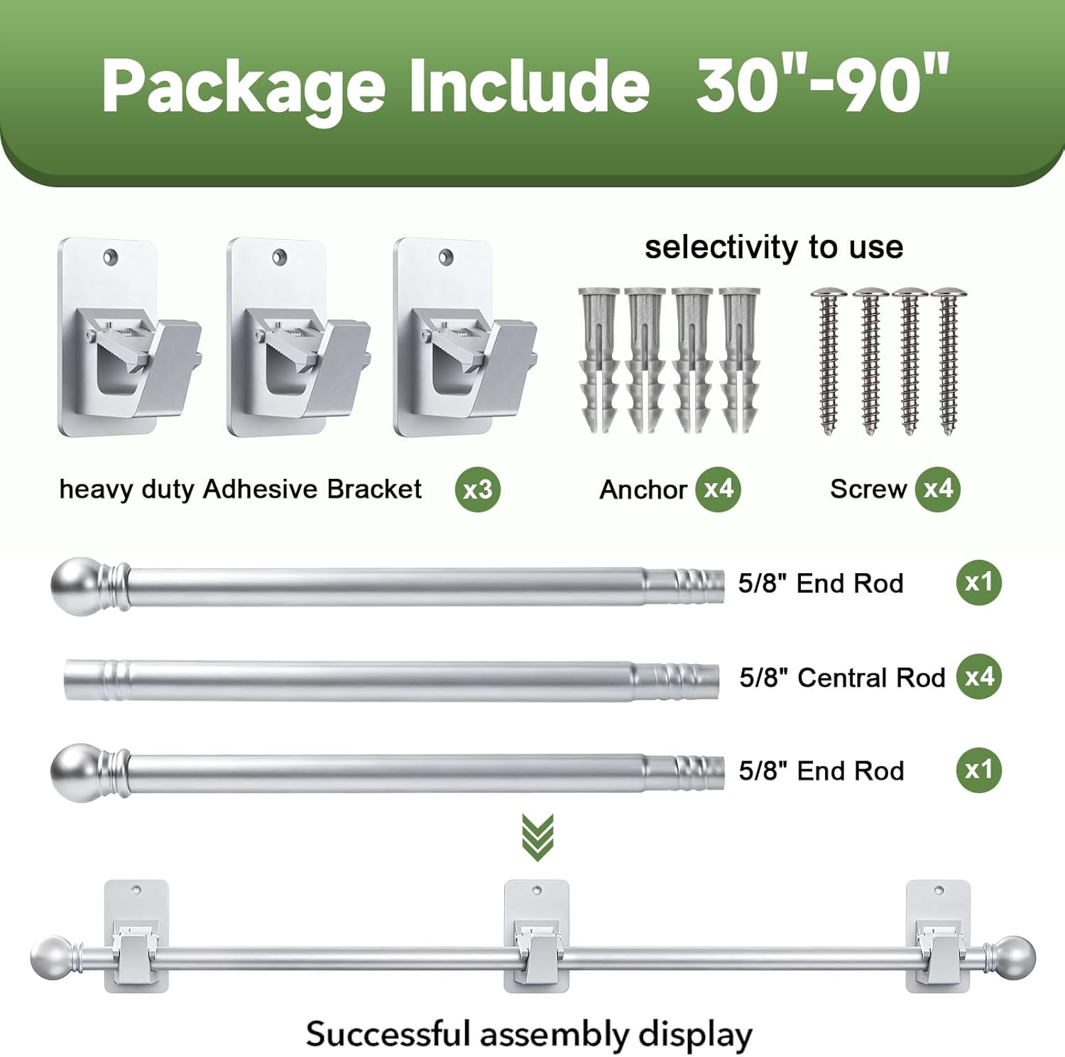 EKOTTOK Heavy Duty Curtain Rods No Drilling for Windows 30 to 90 Inches,5/8 Inch Diameter No Drill Small Curtain Rod Set with Adhesive Brackets, Silver