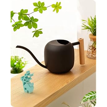 Baffect Indoor Watering Can 1.2L Stainless Steel House Bonsai Watering Can with Wooden Handle Metal Garden Watering Can with Long Spout for Small Potted Plants and Flowers Black