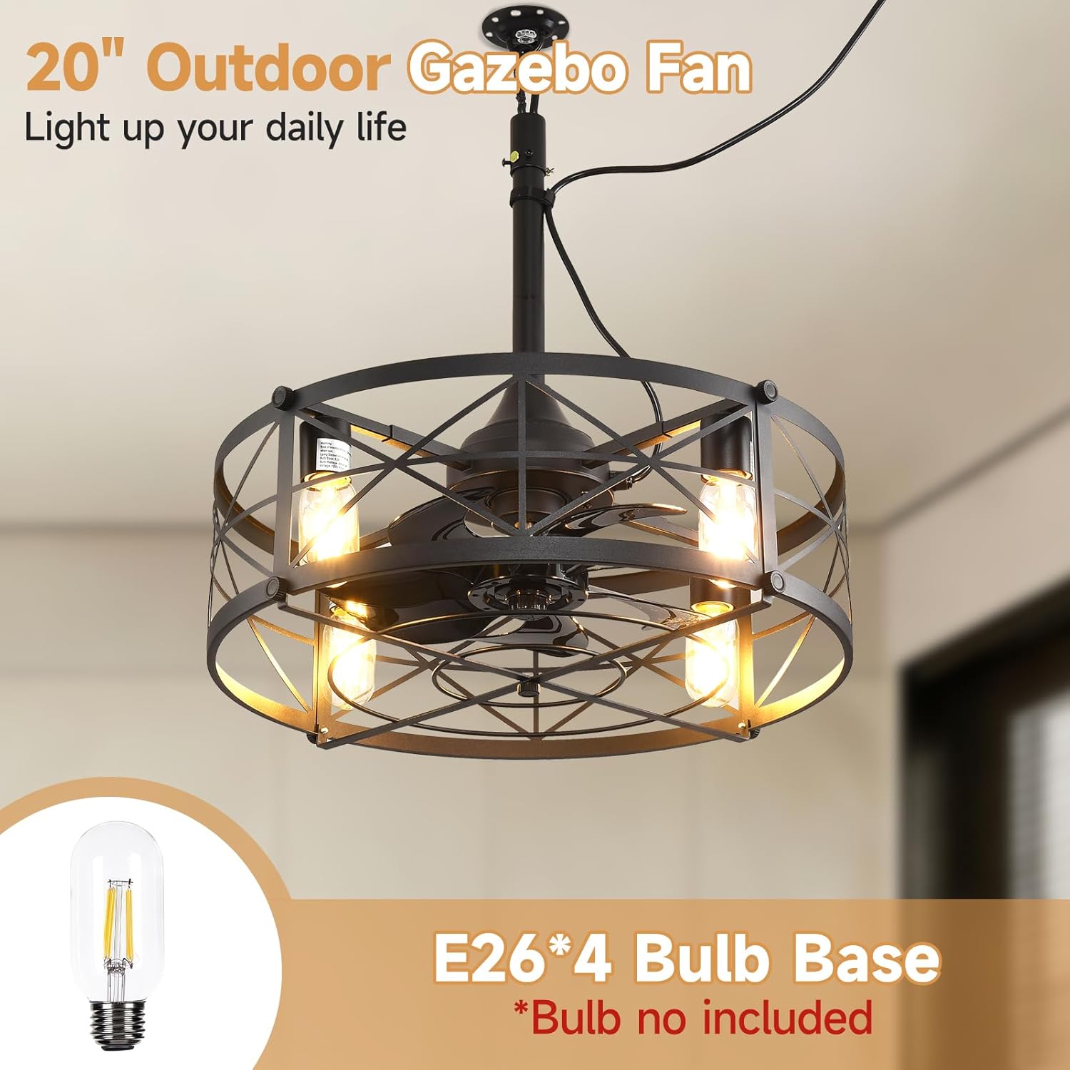 AHAWILL Outdoor Ceiling Fan with Light,20" Gazebo Fan Remote&APP Control,Outdoor Hanging Fan,6 Speeds and Timing,Plug in Caged Ceiling Fan for Patio,Farmhouse,Porch,Pergola.Black