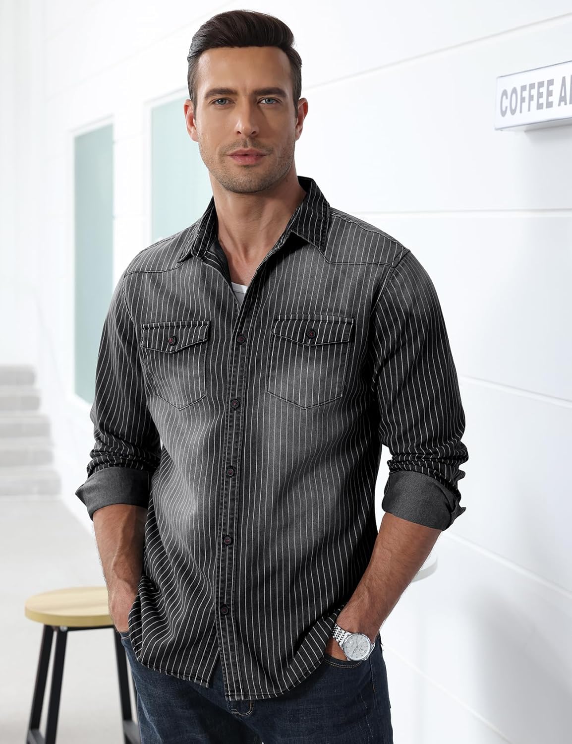 Kissonic Mens Denim Shirt Long Sleeve Slim Fit Jean Shirt for Men Button Down Causal Striped Denim Shirts - Image 2