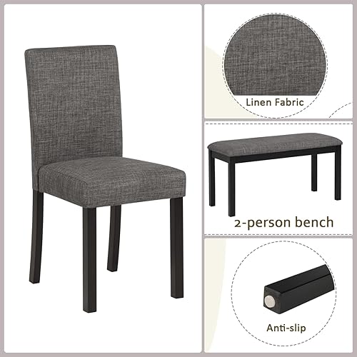 Miniatura 4 de Juego de mesa de comedor Trygoal para 5, juego moderno de 6 piezas para comedor con mesa rectangular, 4 sillas tapizadas con respaldo y un banco,