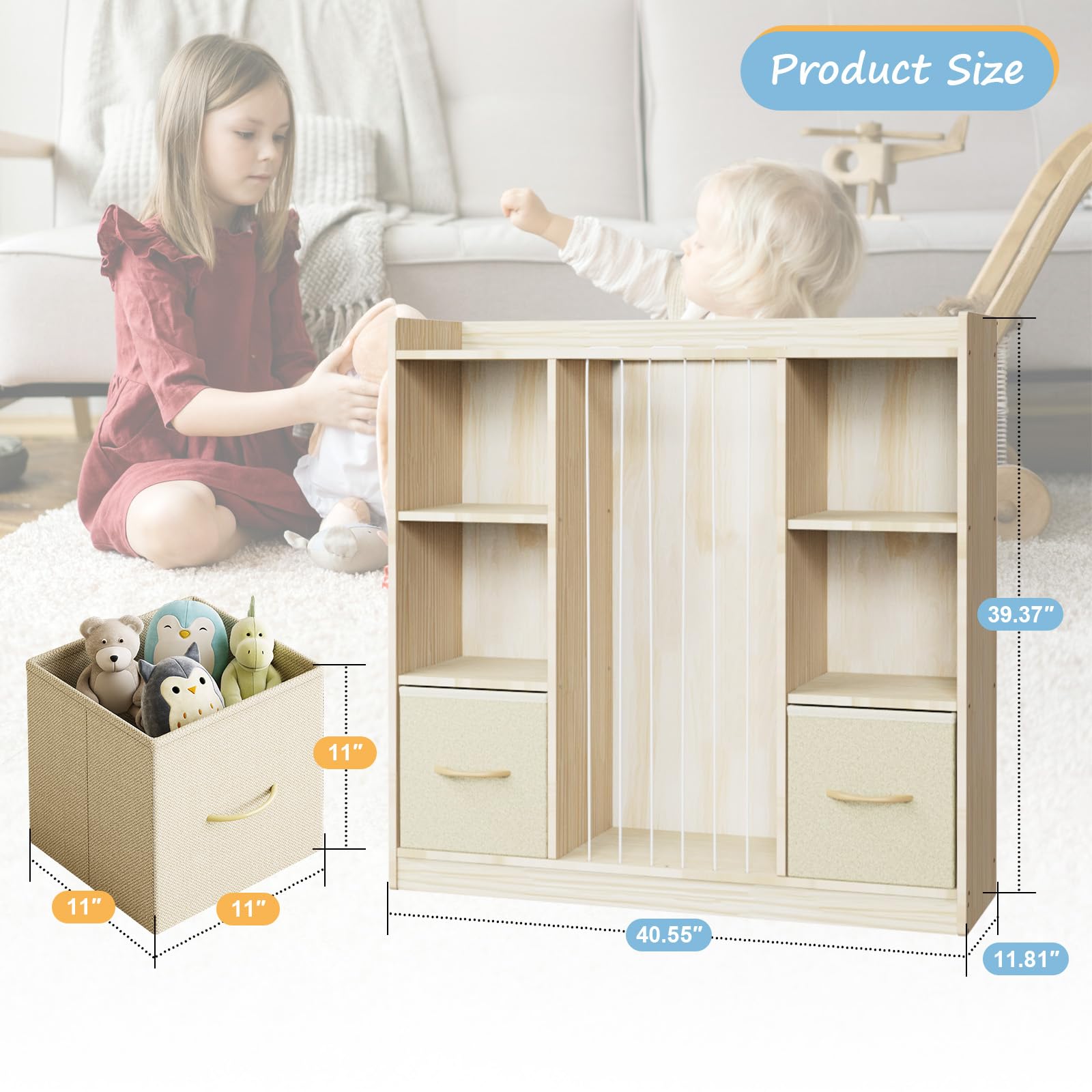 Organizer per giocattoli con contenitore per peluche, organizer per giocattoli in legno e animali di peluche, 6 scaffali a cubo con cassetti rimovibili, libreria 4 in 1 per la cameretta dei bambini