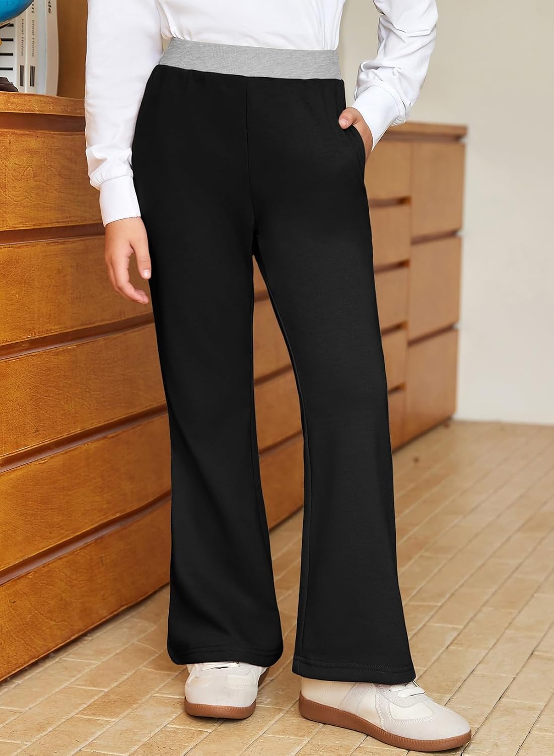 blibean Girls Flare Pants School Uniform Colorblock Sweatpants Size 6-16 | Kids Flare Leg Bottoms With Pockets , Medium Elastic, Knit ,Back to School, Fall Clothes