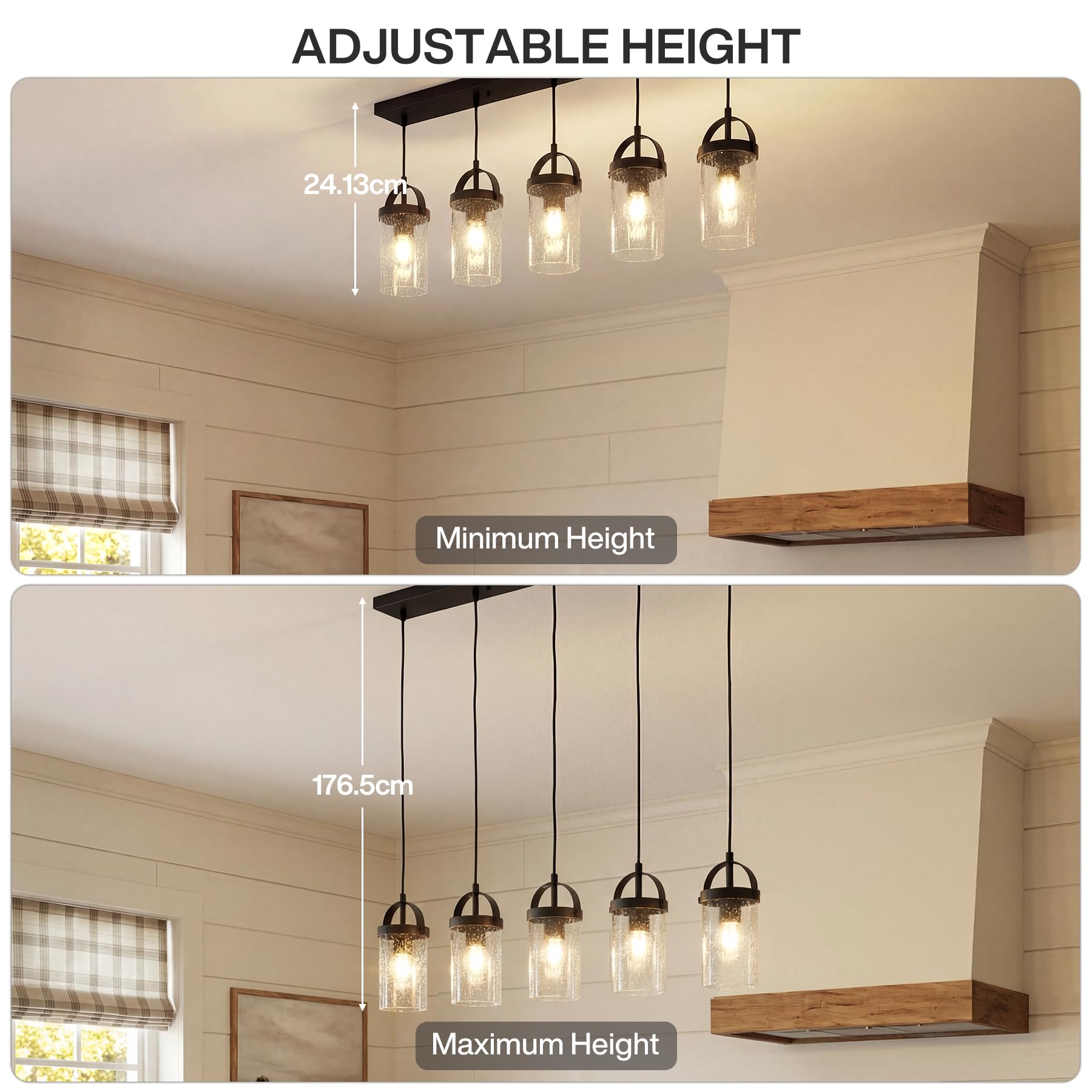 Tribesigns Lámpara de araña lineal negra de 5 luces, iluminación para isla de cocina de estilo rústico con pantallas de vidrio texturizado para comedor, altura ajustable, casquillo E27