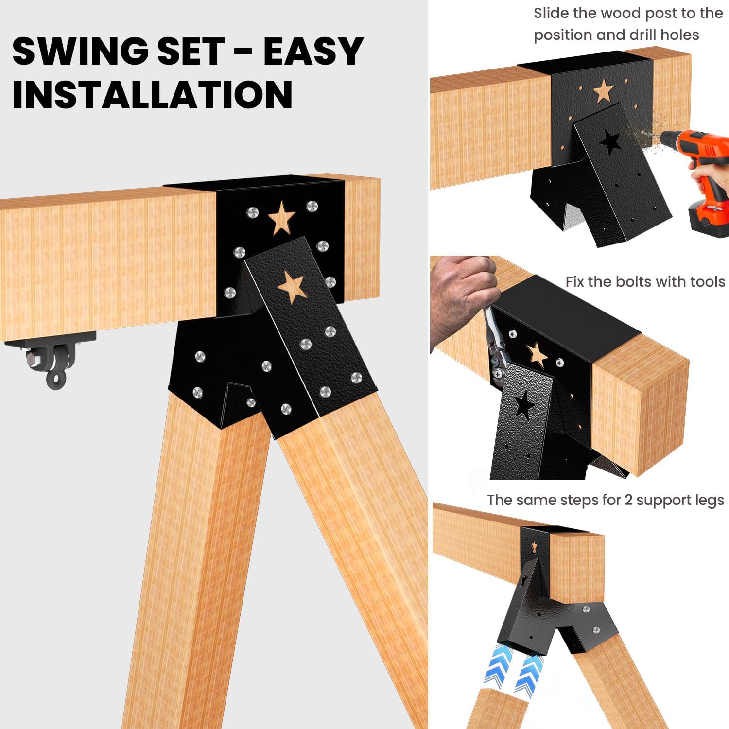 Heavy Duty Swing Set Brackets Kit with 2 A-Frame Brackets and 2 Swing Hangers for Wooden Playsets, DIY Backyard Playground Equipment Mounting Parts and All Hardware for Easy Installation - Image 4