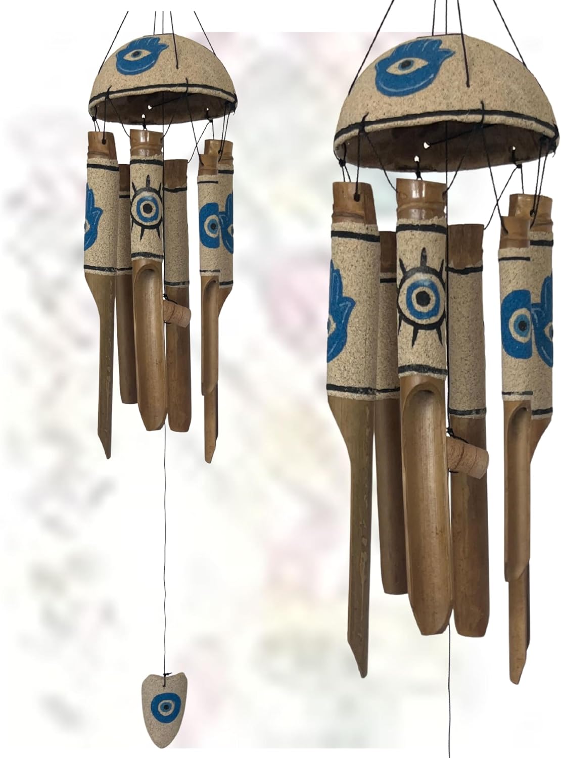 Bellaa Bamboo Wind Chimes Sea Sand Art Painting Hamsa Evil Eyes Protection Handmade Windchimes Outdoor Garden Patio Gifts 32 Inch (Blue Sand)