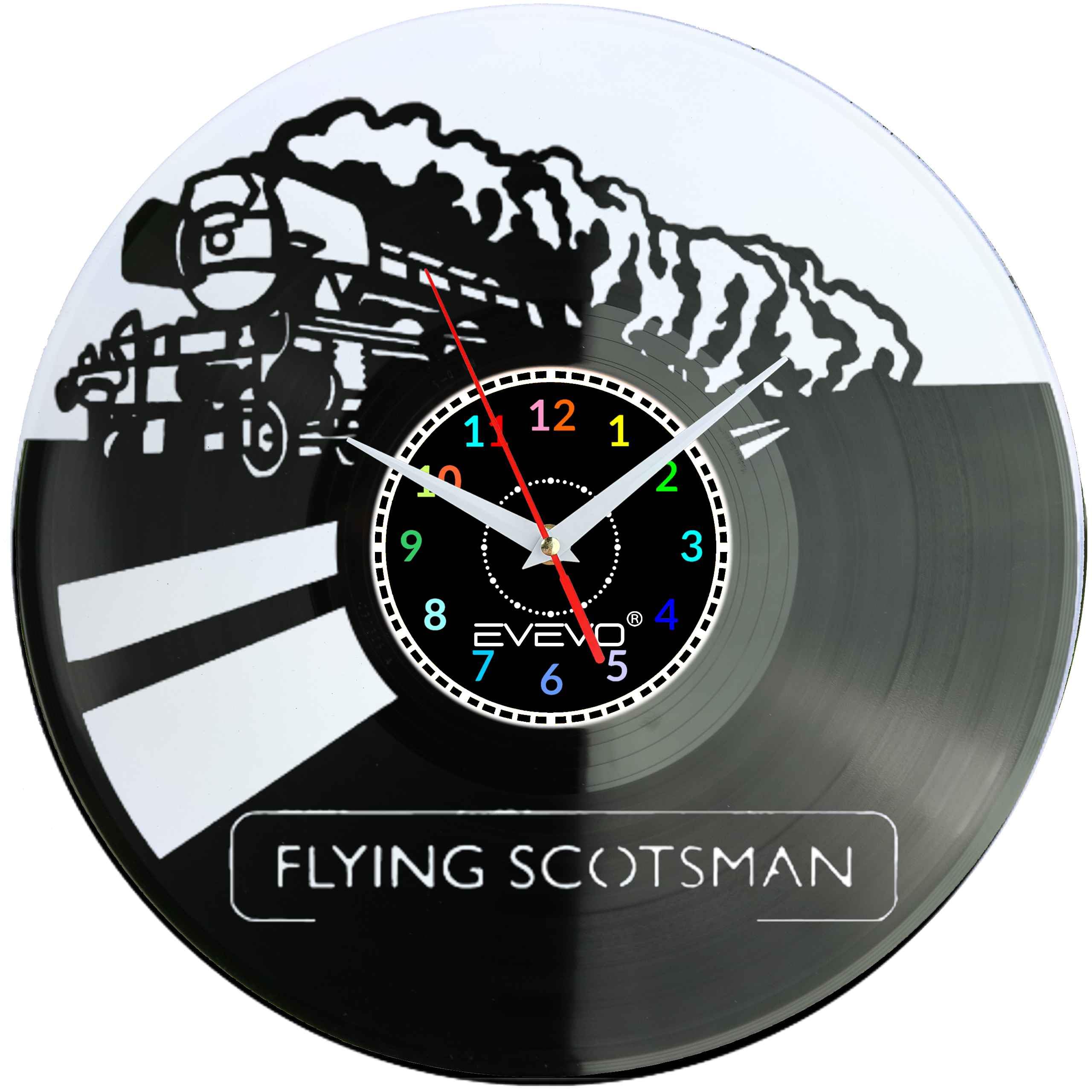 POCIĄG LOKOMOTYWA FLYING SCOTSMAN ZEGAR ŚCIENNY FLUORESCENCYJNE TŁO PŁYTA WINYLOWA PREZENT UPOMINEK URODZINY GIFT EVEVO F0053