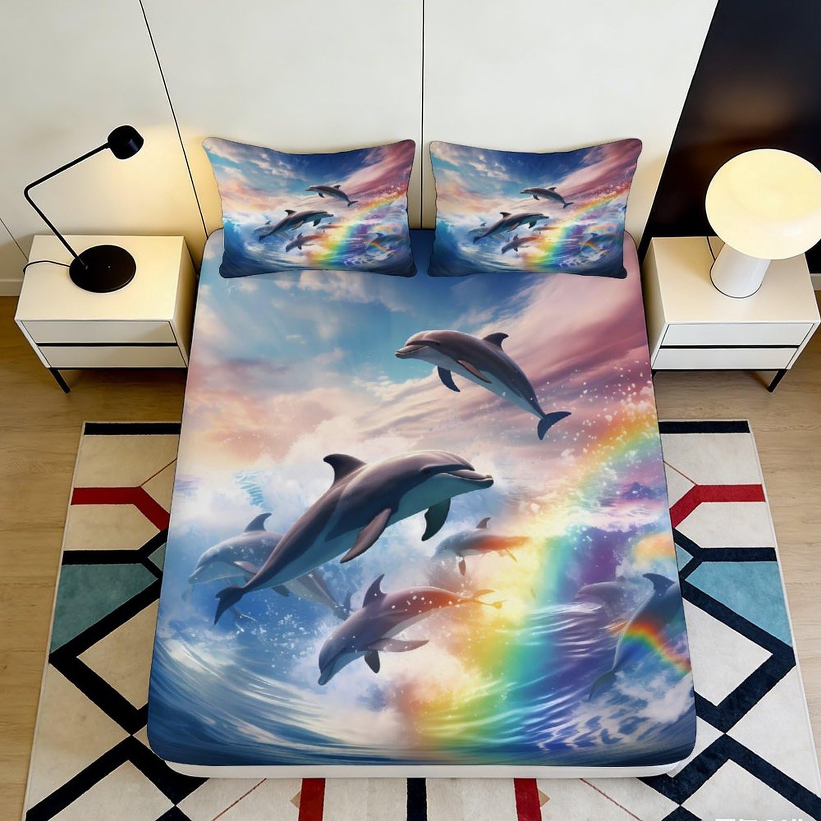 3D Printed Dolphin Rainbow Fitted Sheet Microfiber Soft Mattress Cover for Bedroom Guest Room Dorm Decor 90x200x25cm