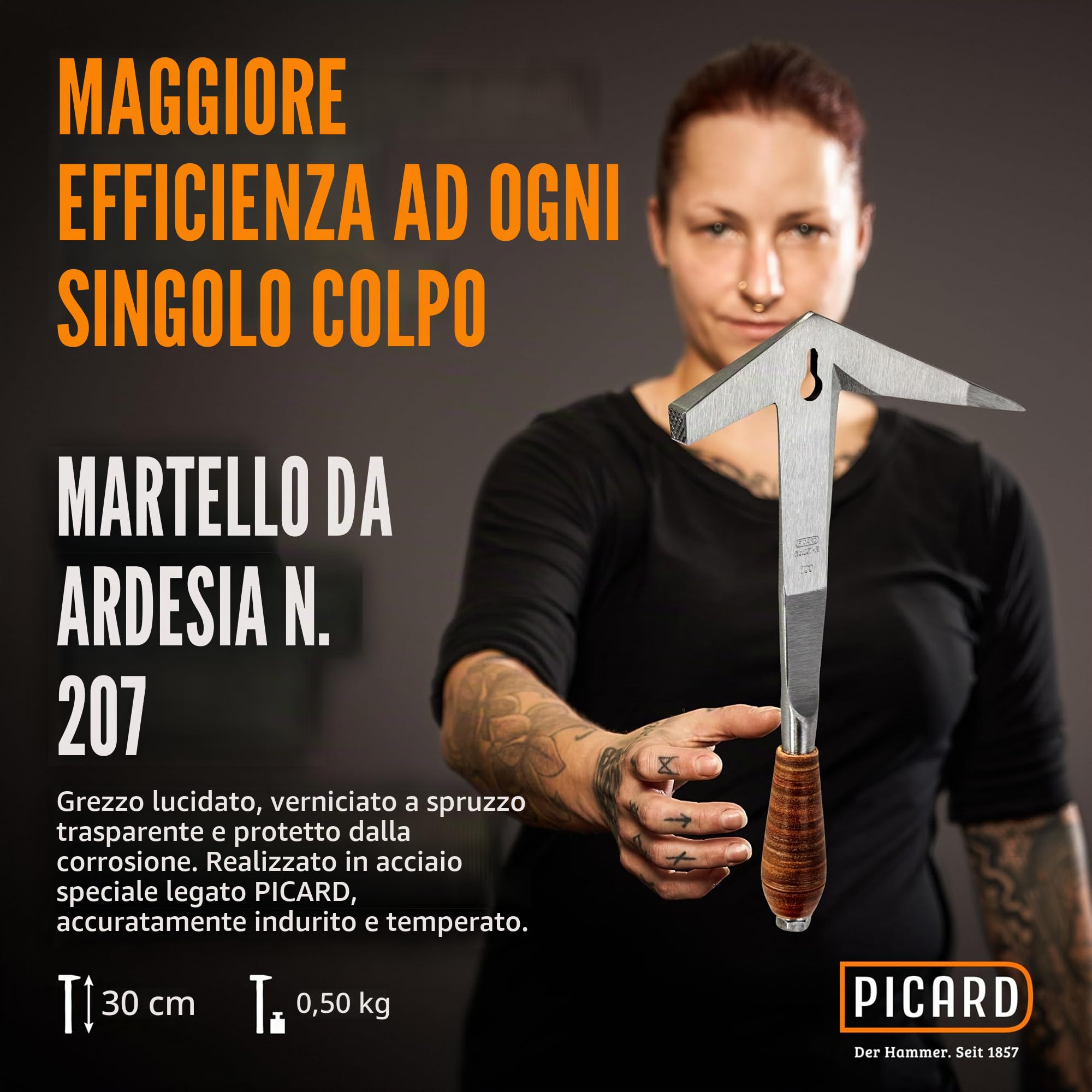 PICARD martello per ardesia n. 207 R XS | Martello professionale per destra con impugnatura in pelle | Hammer artigianale in acciaio speciale con bilanciamento perfetto e tagliente rinforzato