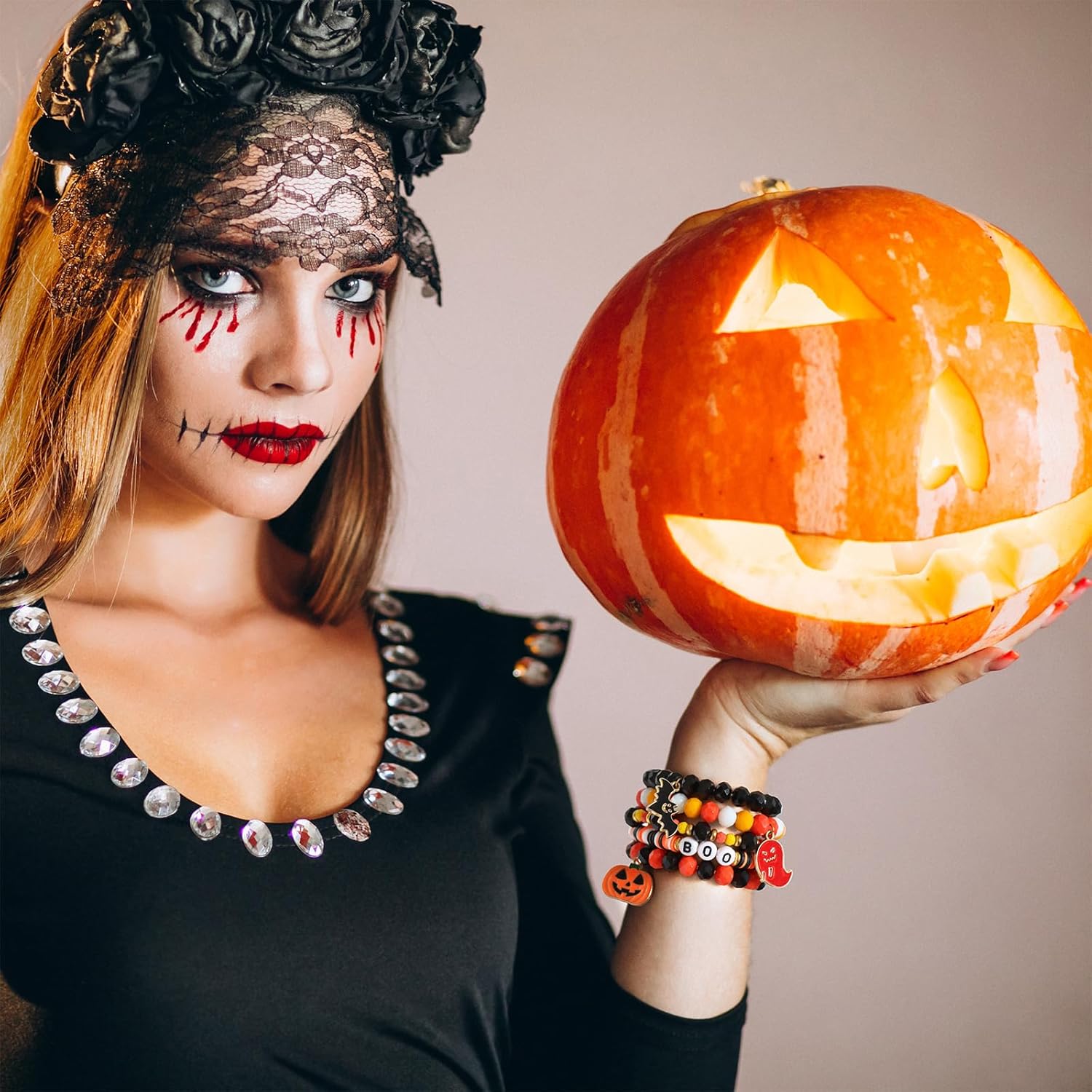 GolbalJew Halloween Beaded Bracelets for Women 7 Pcs Stackable Stretch Surfer Heishi Vinyl Disc Clay Bracelet Gifts Ghost Pumpkin Bat Charm Crystal Beads - Image 3