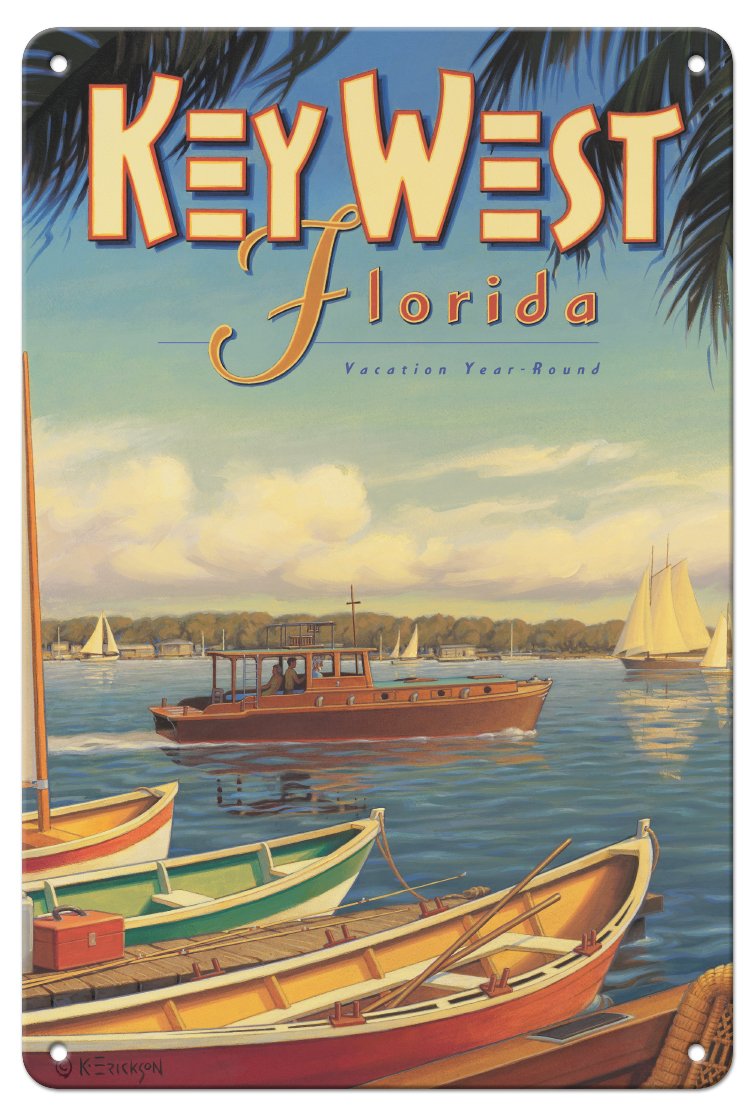 Pacifica Island ArtKey West Florida - Vacation Year-Round - Ernest Hemingway's Yacht Pilar - Vintage Travel Poster by Kerne Erickson - 8 x 12 inch Vintage Metal Tin Sign