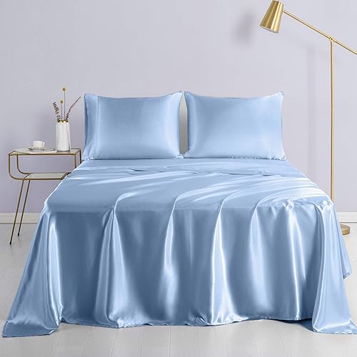 Vista 16 de Juego de funda de edredón de tamaño Queen, color rosa claro con cierre de cremallera, satén sedoso ultrasuave de 4 piezas